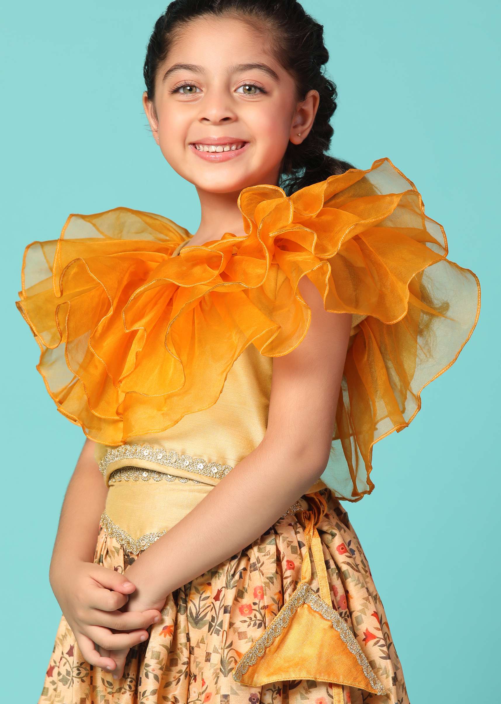 Kalki Carrot Orange Top And Lehenga Set In Cotton Silk For Girls - Image 2