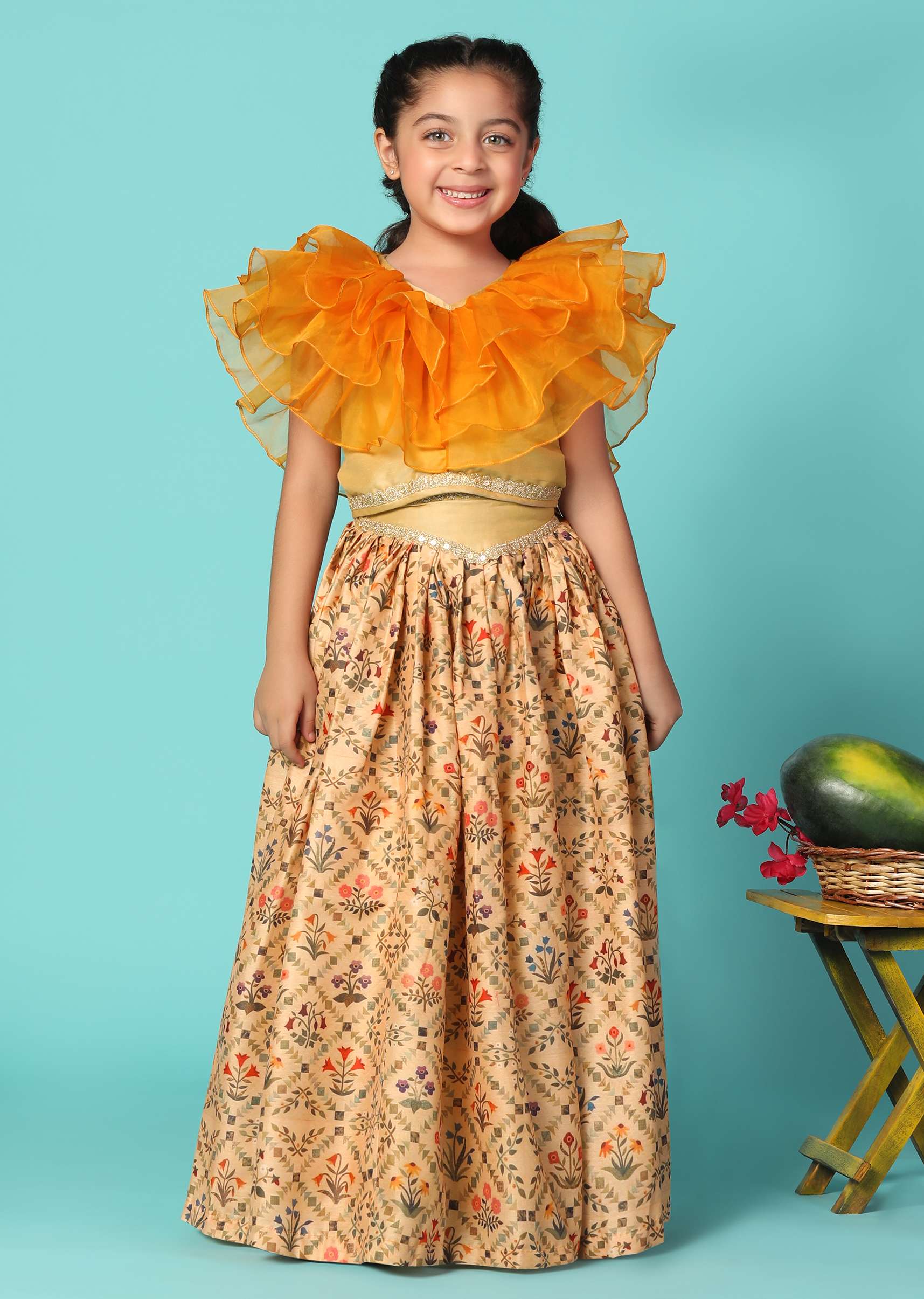 Kalki Carrot Orange Top And Lehenga Set In Cotton Silk For Girls - Image 3