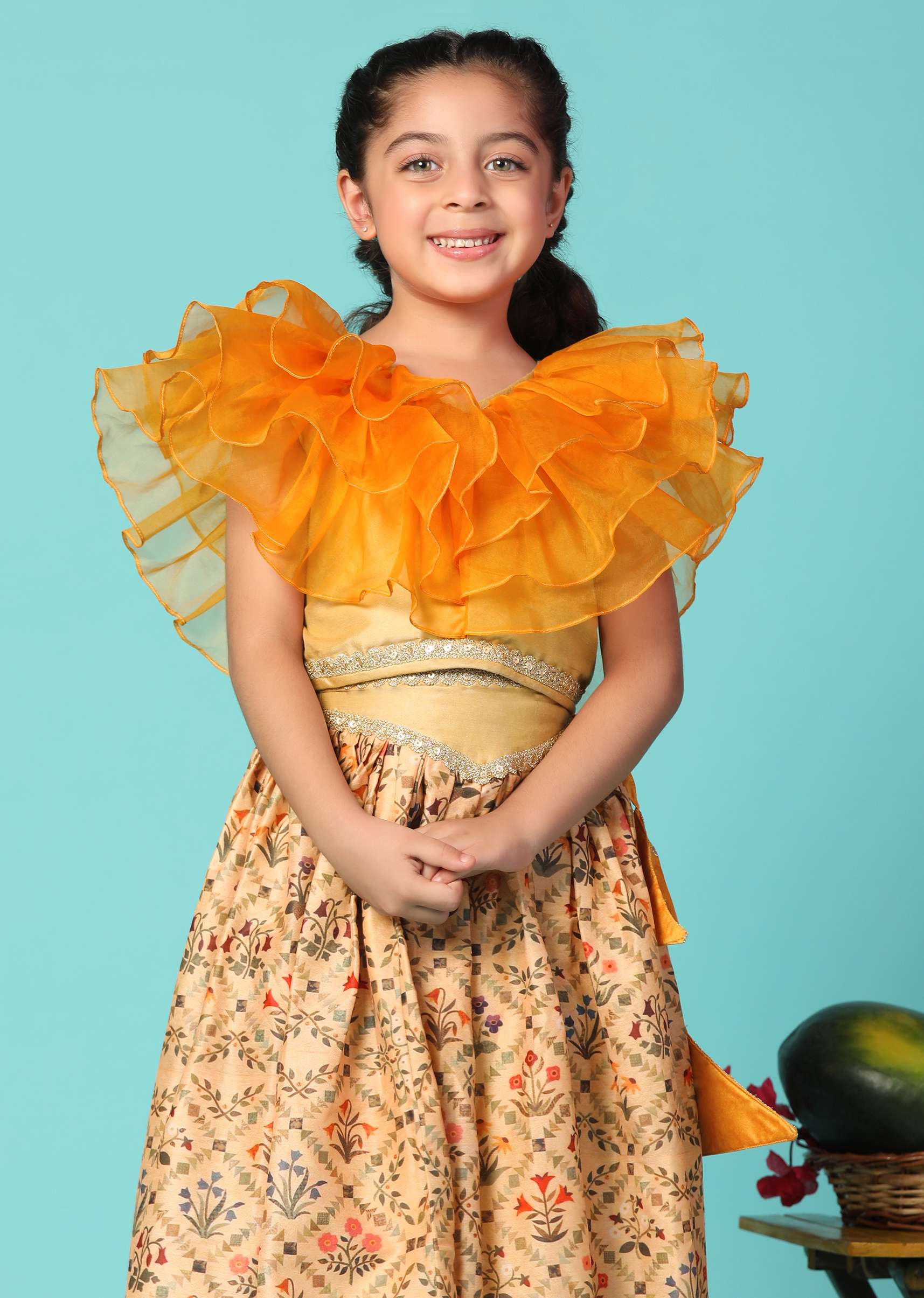 Kalki Carrot Orange Top And Lehenga Set In Cotton Silk For Girls - Image 4