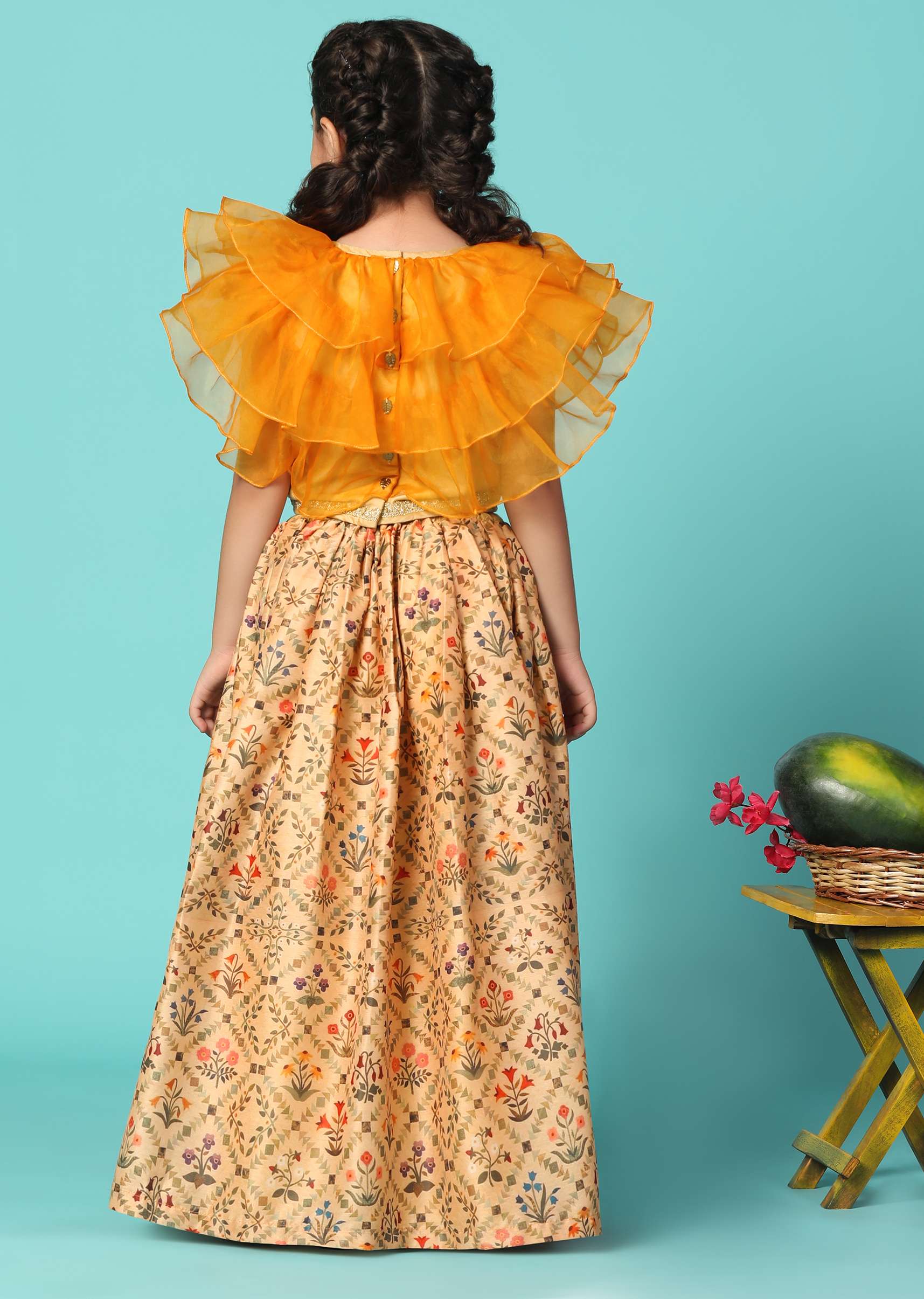 Kalki Carrot Orange Top And Lehenga Set In Cotton Silk For Girls - Image 5