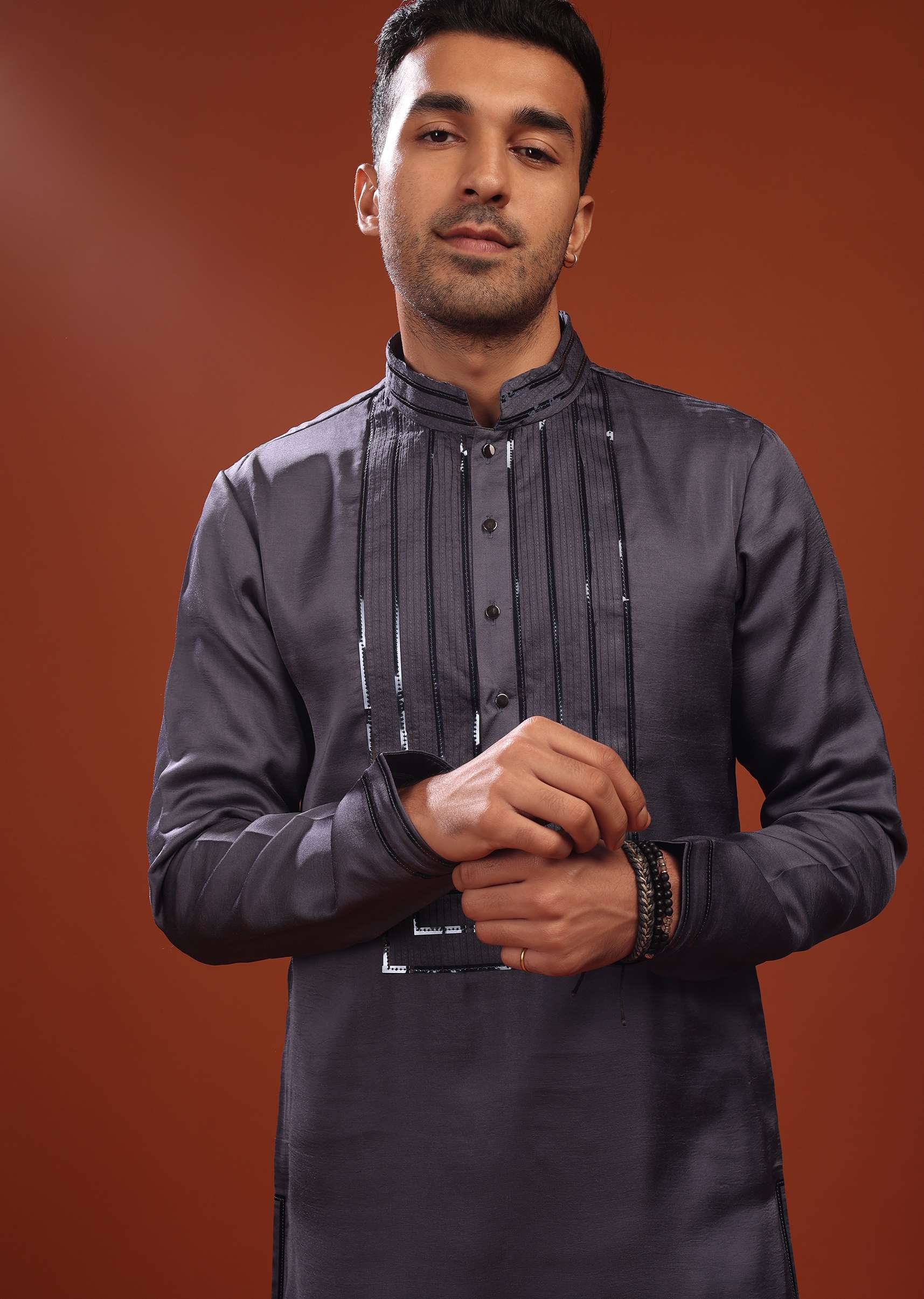 Fog Grey Festive Kurta In Mini Silk With A Cocktail Look - Image 2