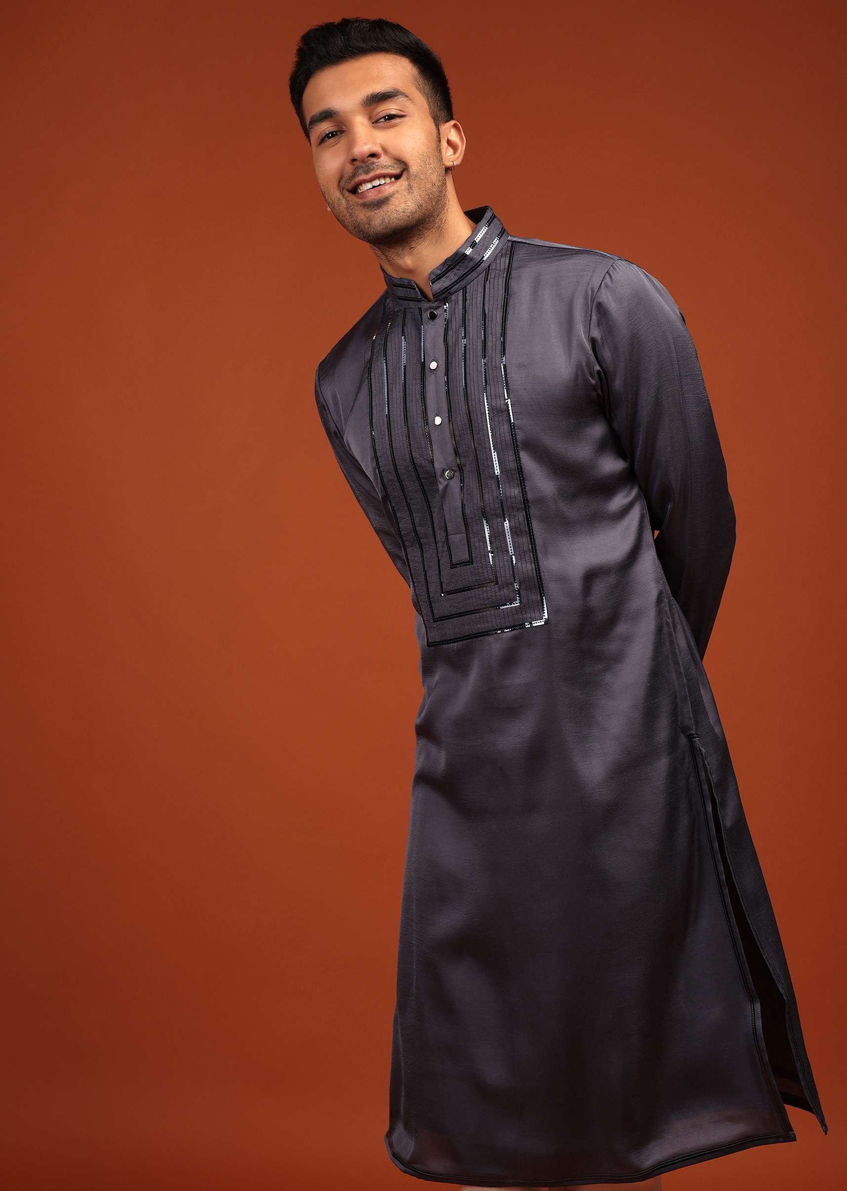 Fog Grey Festive Kurta In Mini Silk With A Cocktail Look - Image 4
