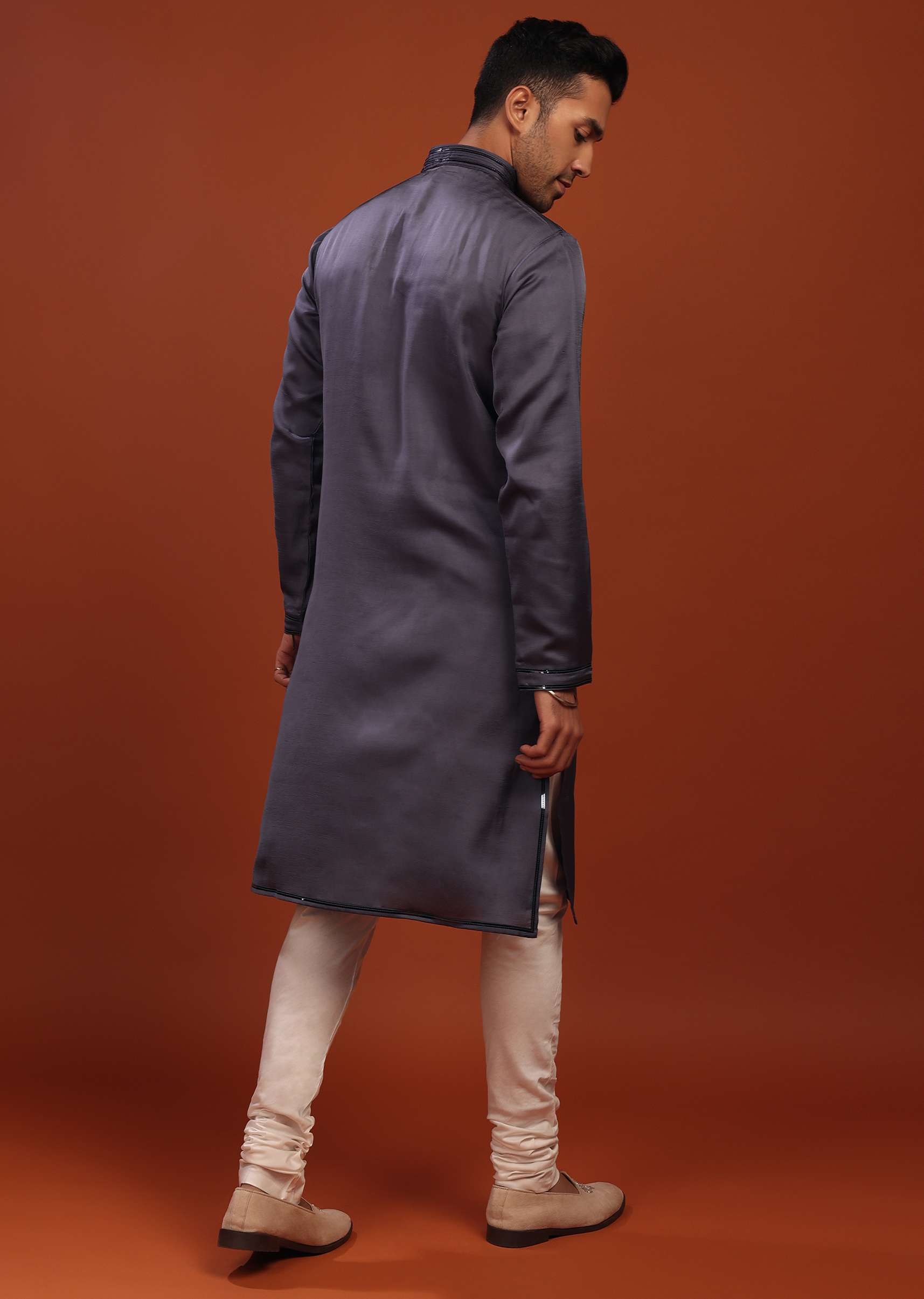 Fog Grey Festive Kurta In Mini Silk With A Cocktail Look - Image 5