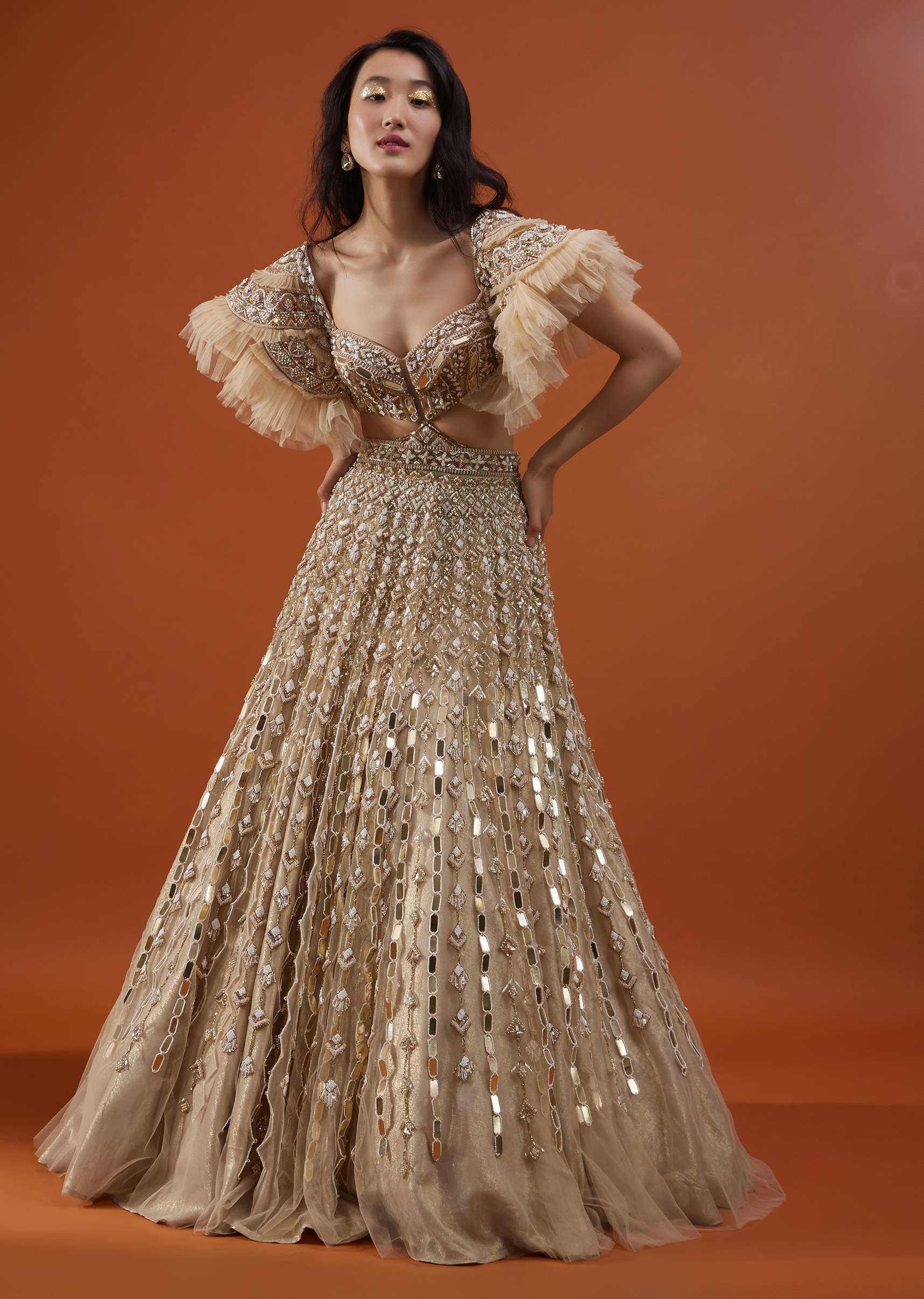 Champagne Gold Angelic Net Gown With Mirror Work And Ruffle Sleeves - NOOR 2022 - Image 3