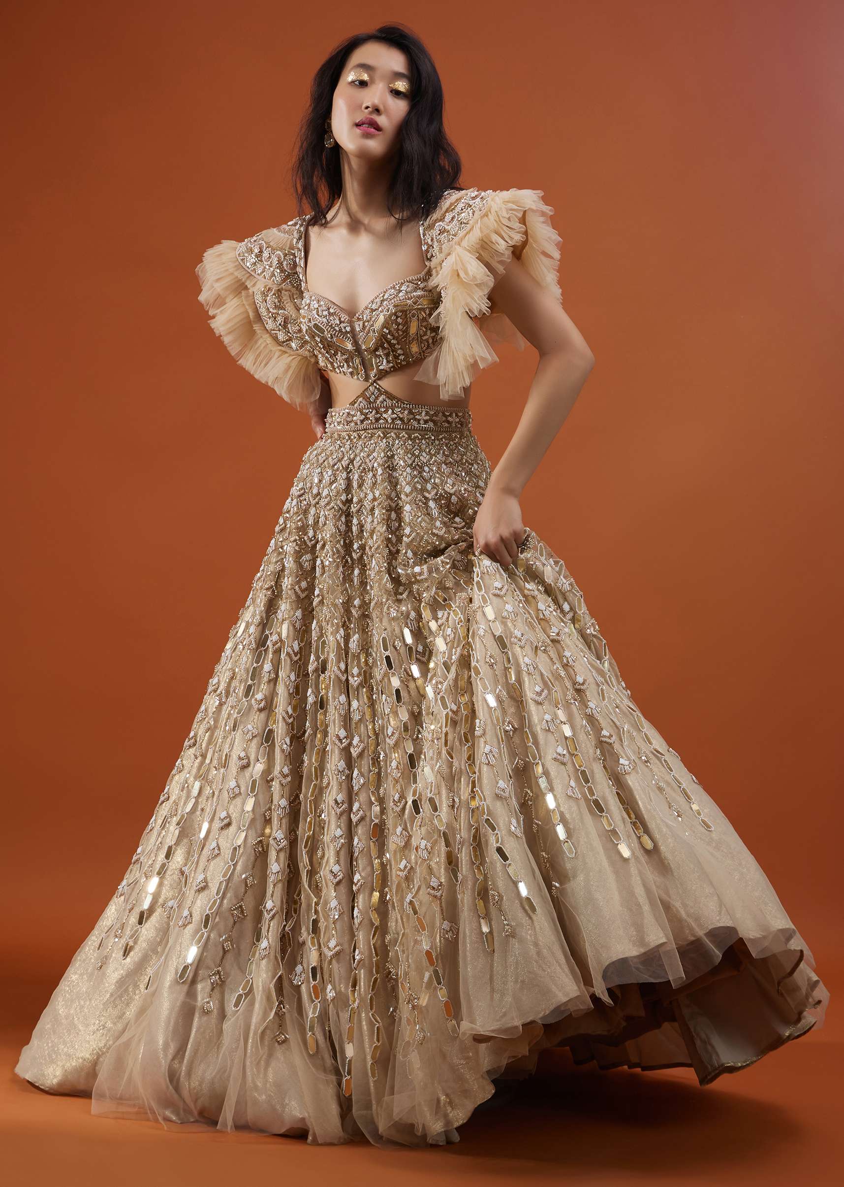 Champagne Gold Angelic Net Gown With Mirror Work And Ruffle Sleeves - NOOR 2022 - Image 4