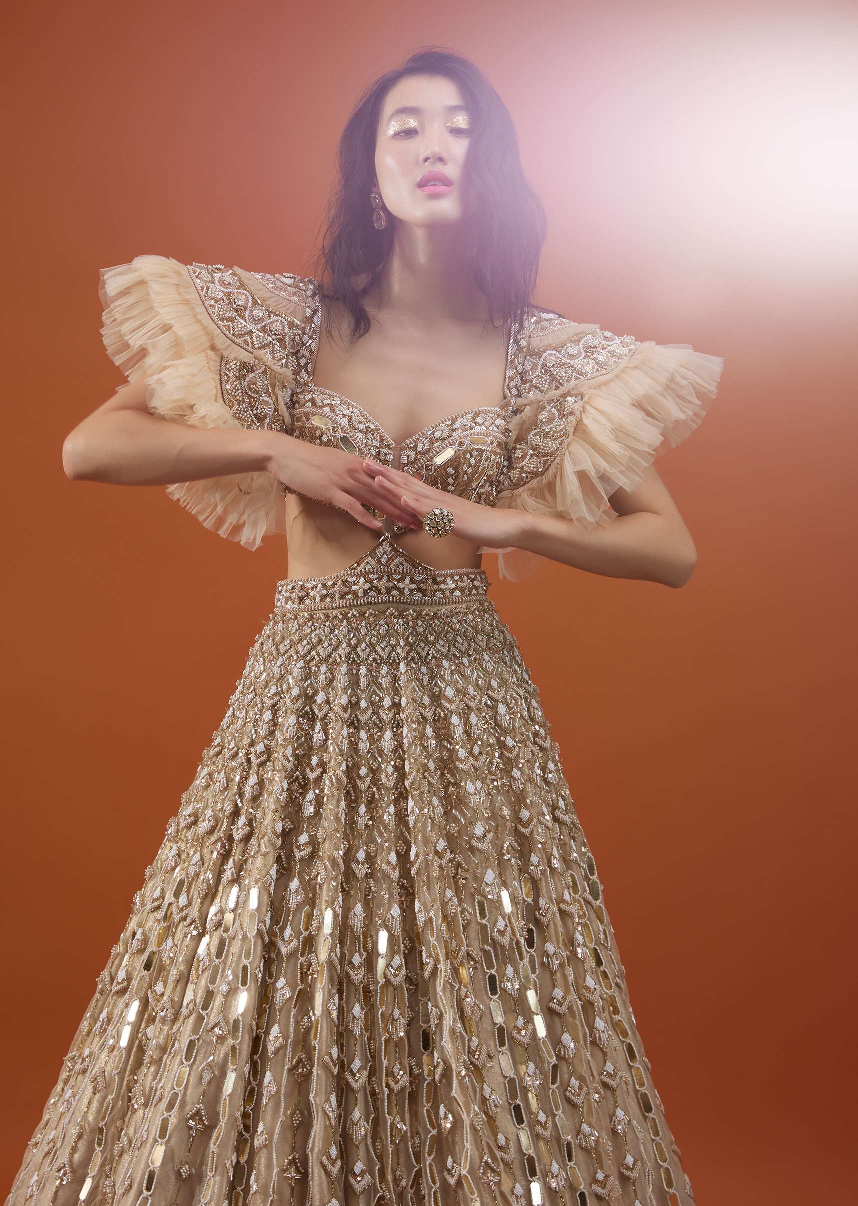 Champagne Gold Angelic Net Gown With Mirror Work And Ruffle Sleeves - NOOR 2022 - Image 5