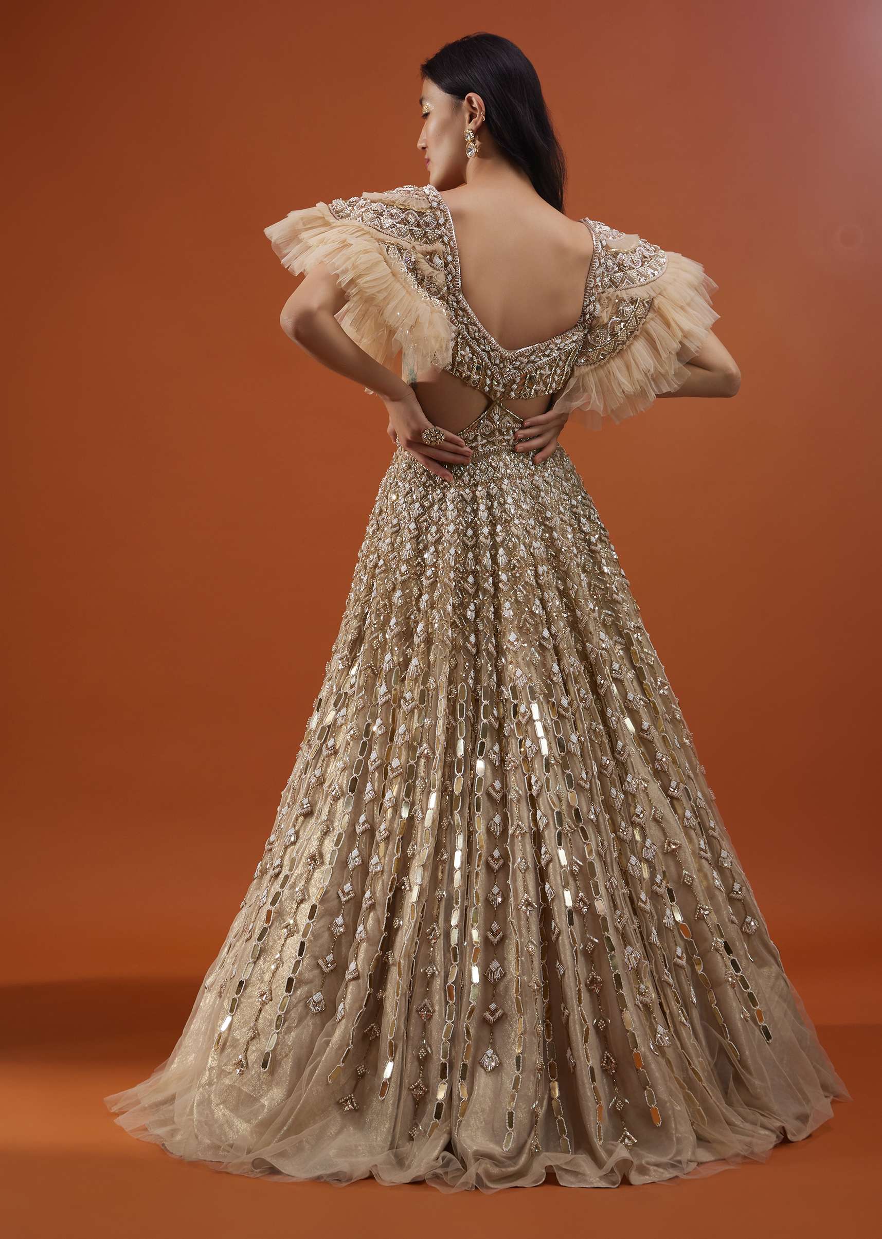 Champagne Gold Angelic Net Gown With Mirror Work And Ruffle Sleeves - NOOR 2022 - Image 6