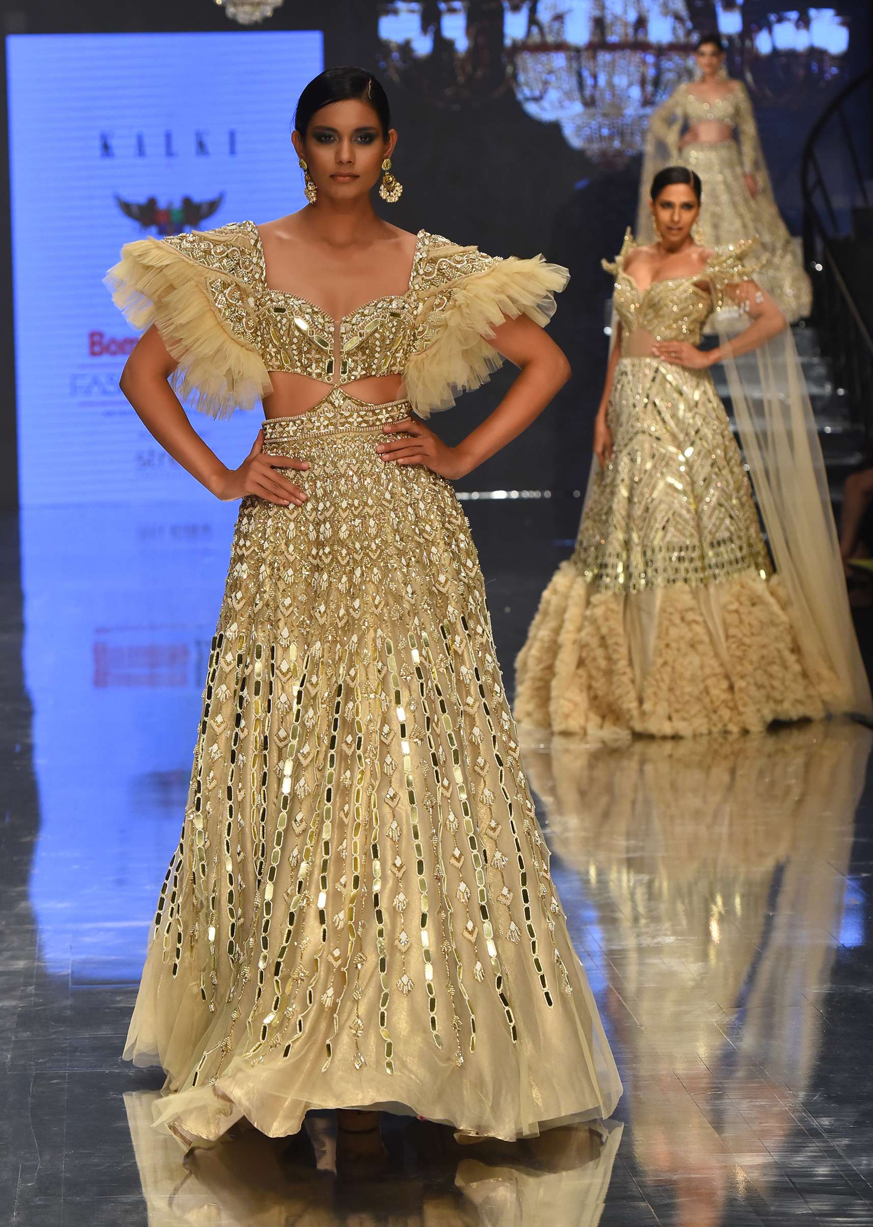 Champagne Gold Angelic Net Gown With Mirror Work And Ruffle Sleeves - NOOR 2022 - Image 8