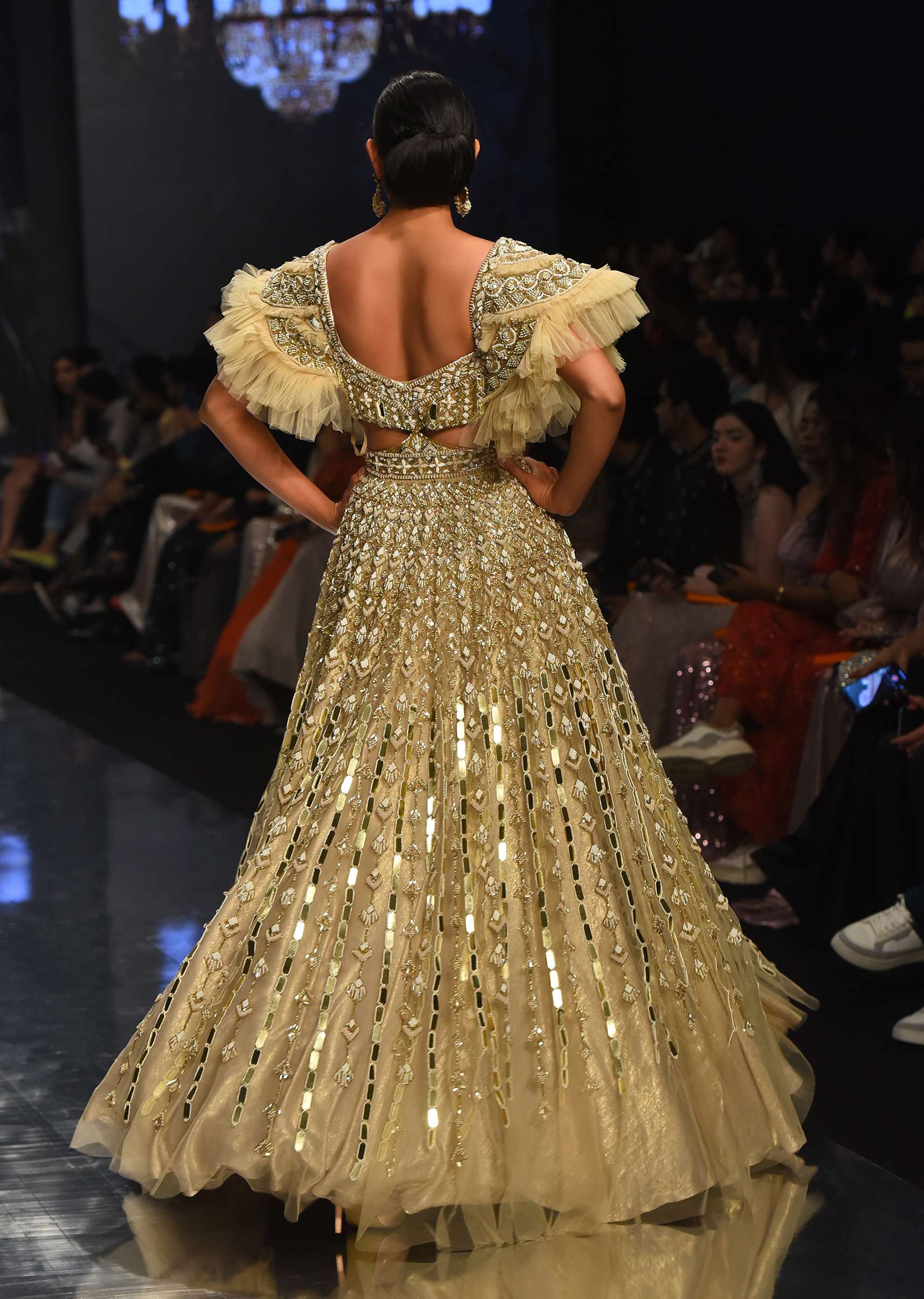 Champagne Gold Angelic Gown In Net With Ruffle Sleeves And Mirror Work - NOOR 2022 - Image 8