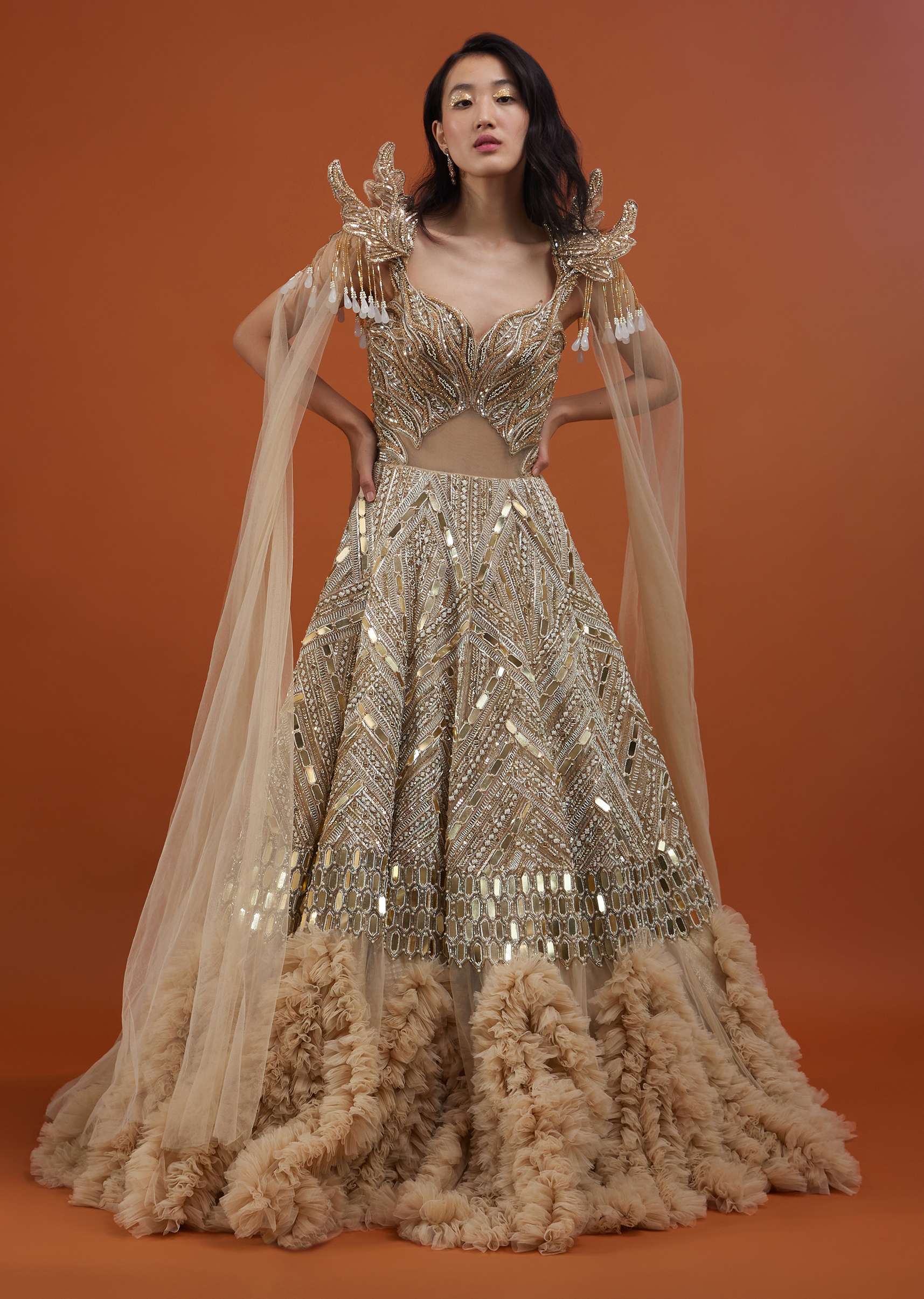 Champagne Gold Divine Net Fabricated Gown With Ruffle Frill Adornment - NOOR 2022 - Image 10