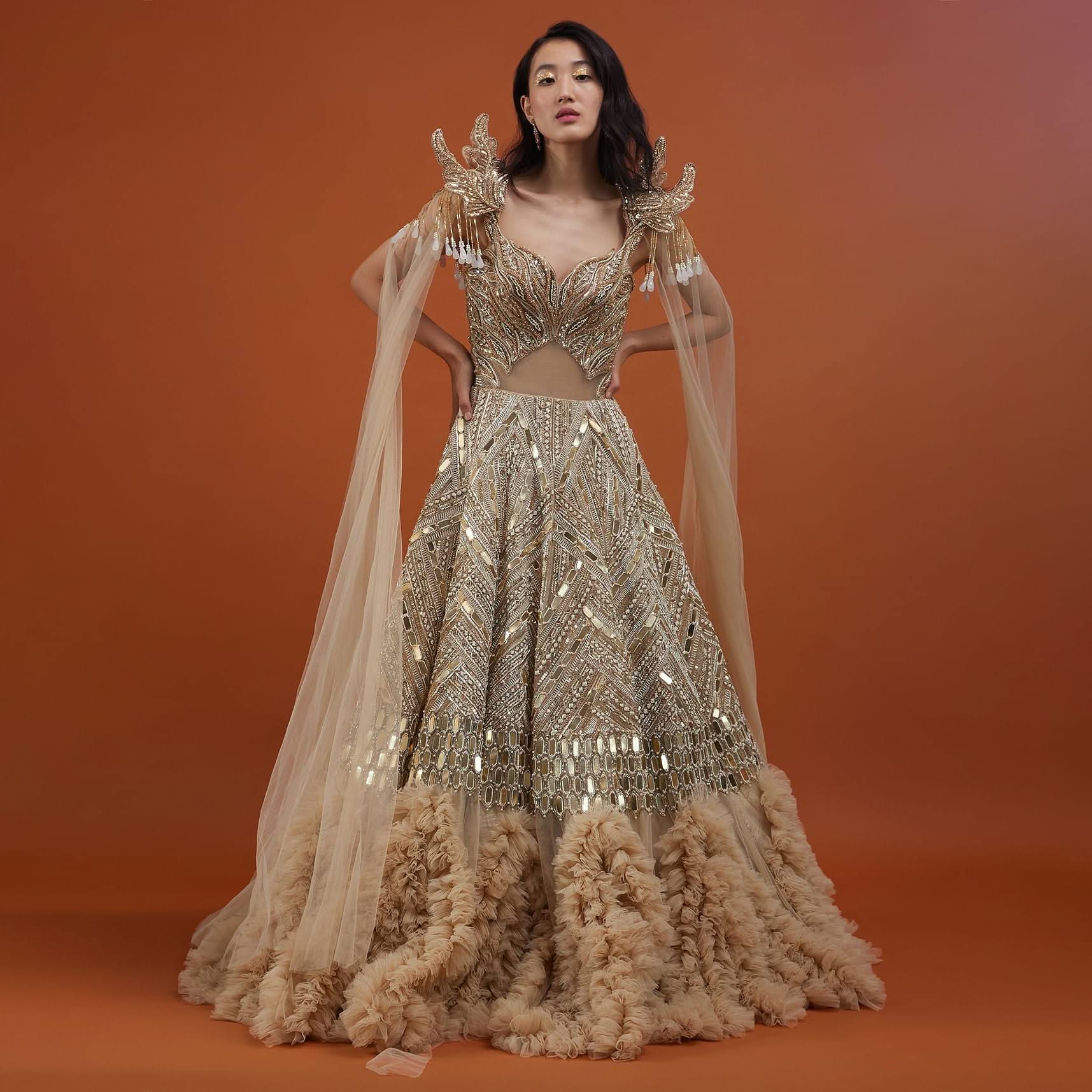 Champagne Gold Divine Net Fabricated Gown With Ruffle Frill Adornment - NOOR 2022 - Image 11