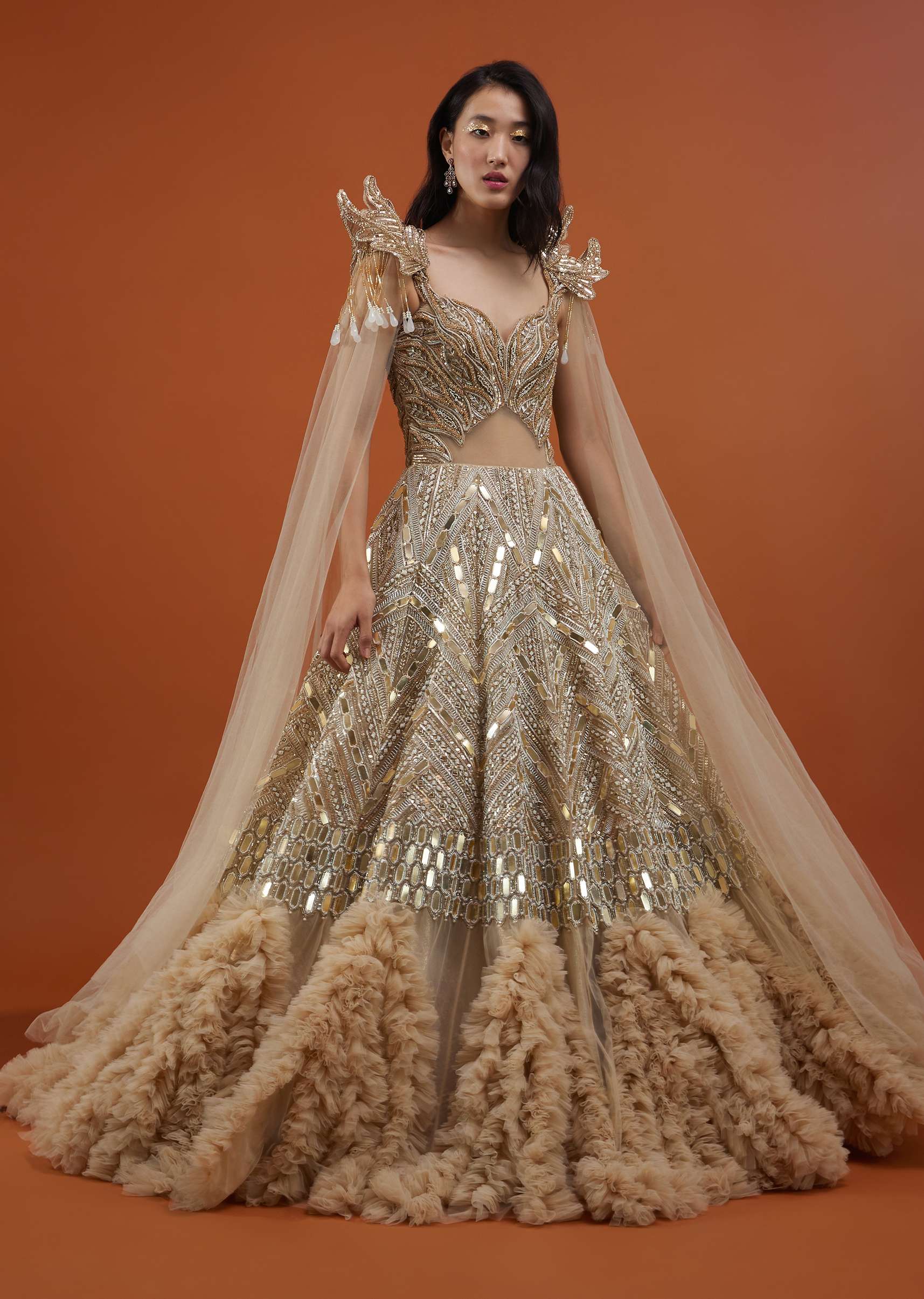 Champagne Gold Divine Net Fabricated Gown With Ruffle Frill Adornment - NOOR 2022 - Image 3