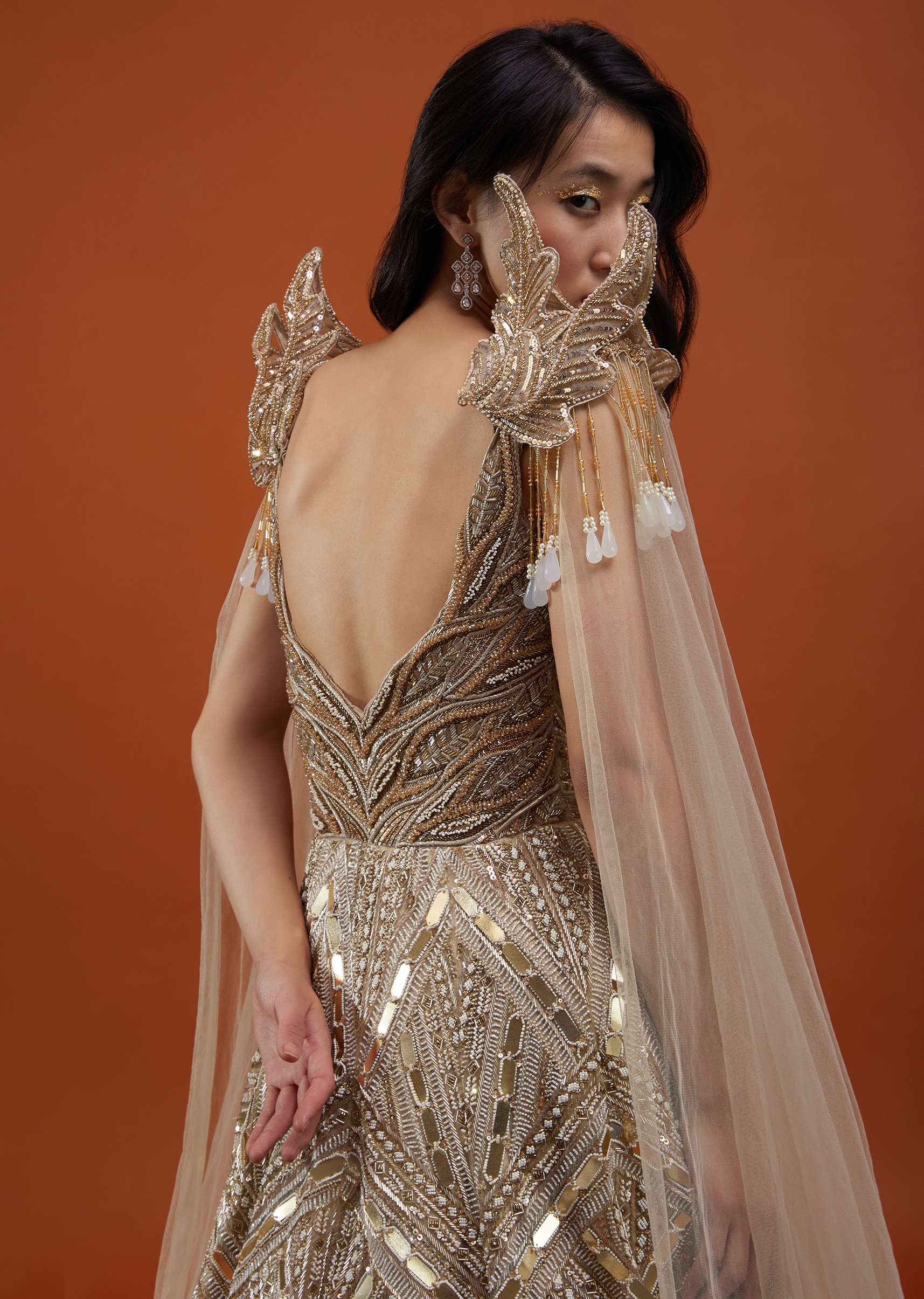 Champagne Gold Divine Net Fabricated Gown With Ruffle Frill Adornment - NOOR 2022 - Image 5