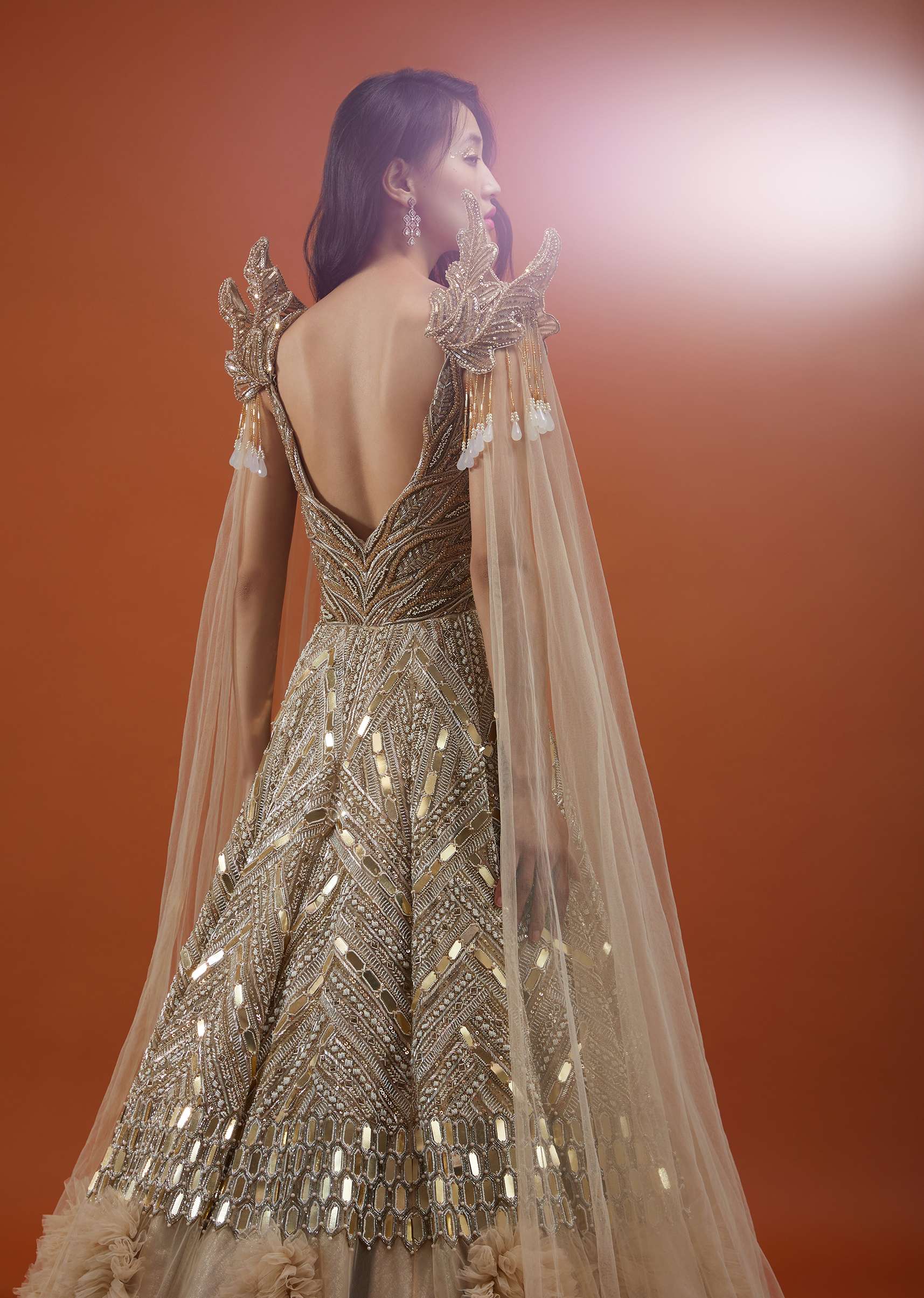 Champagne Gold Divine Net Fabricated Gown With Ruffle Frill Adornment - NOOR 2022 - Image 6