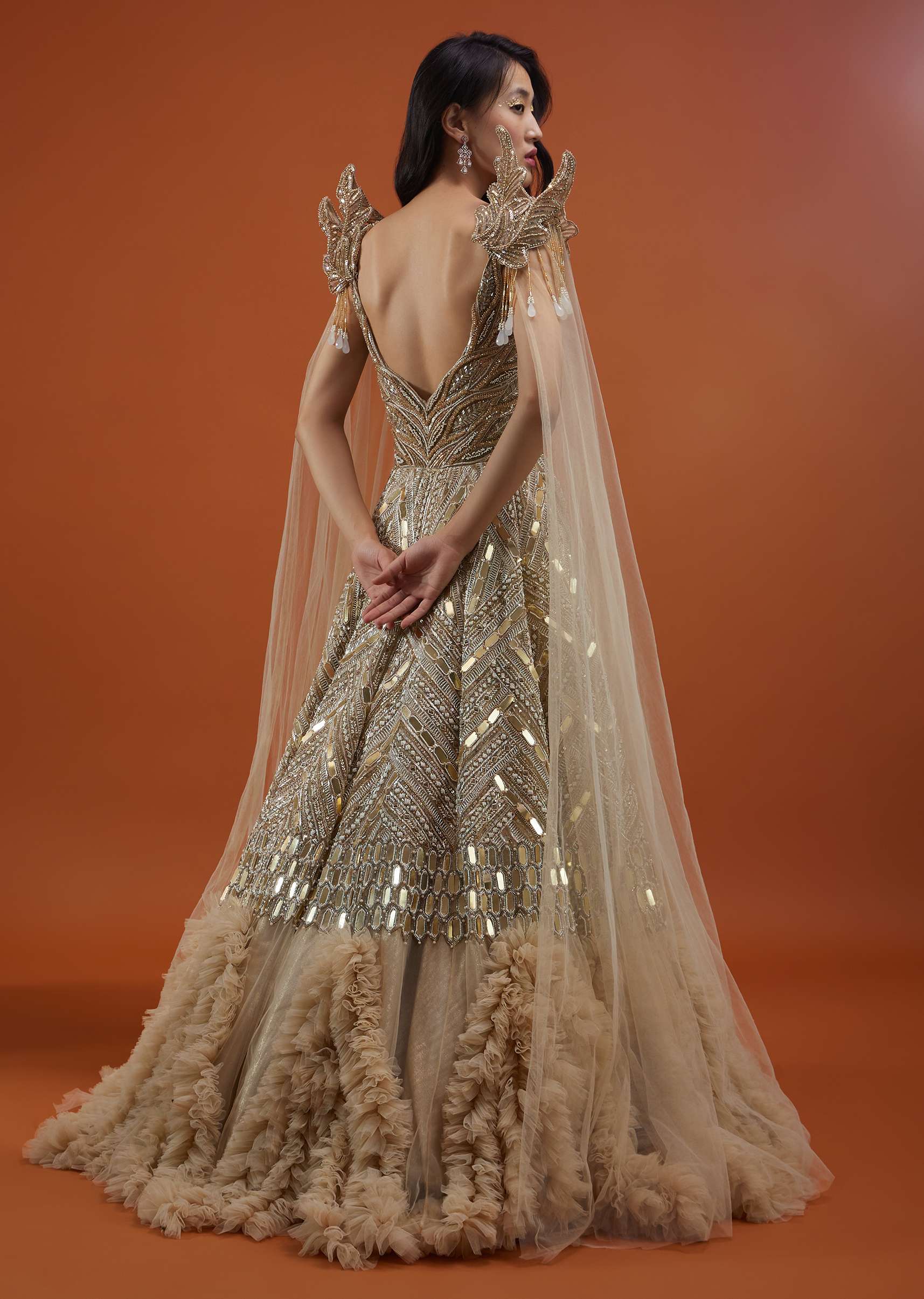 Champagne Gold Divine Net Fabricated Gown With Ruffle Frill Adornment - NOOR 2022 - Image 7