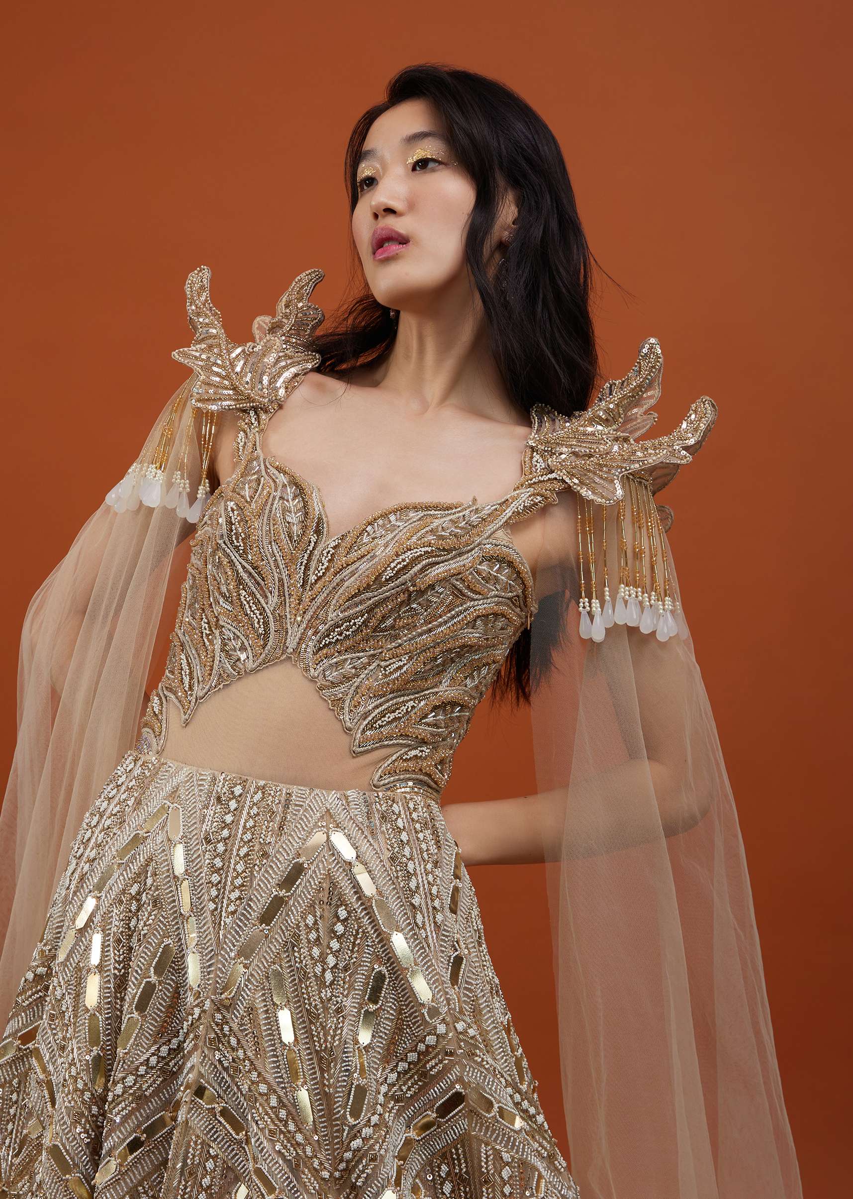 Champagne Gold Divine Net Fabricated Gown With Ruffle Frill Adornment - NOOR 2022 - Image 8