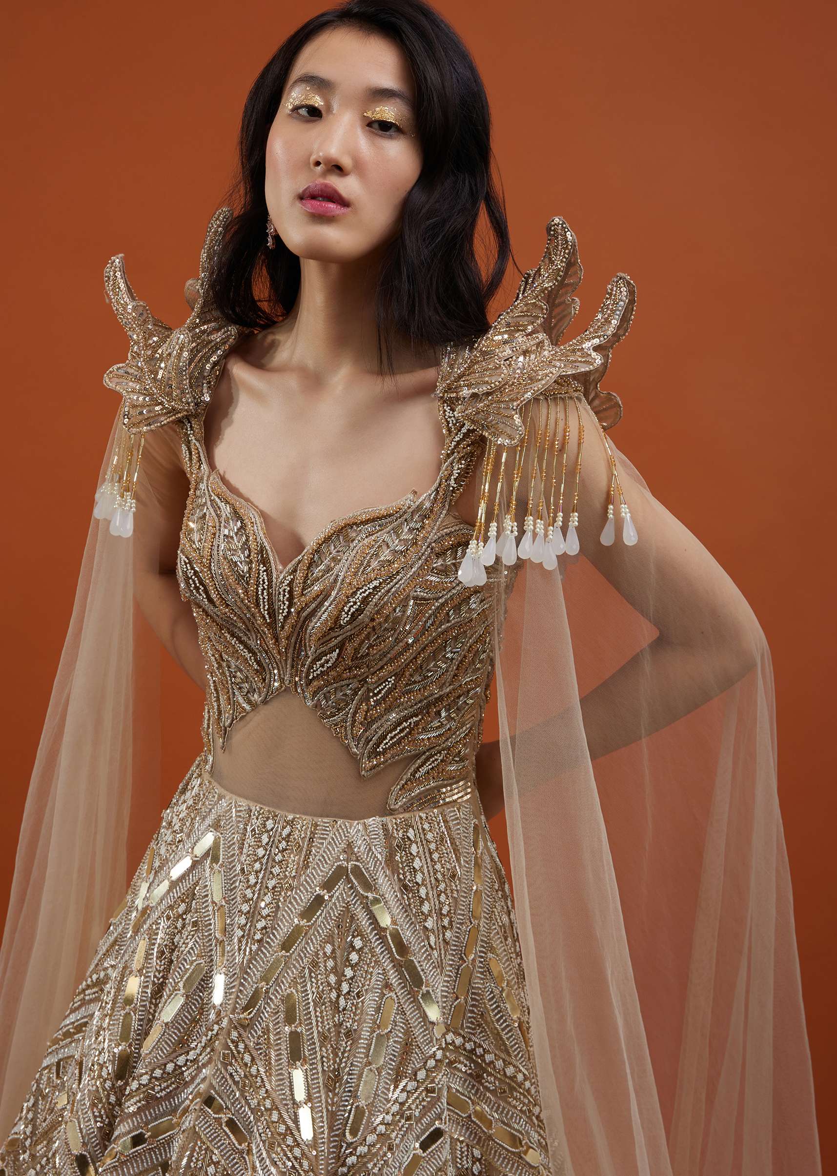Champagne Gold Divine Net Fabricated Gown With Ruffle Frill Adornment - NOOR 2022 - Image 9