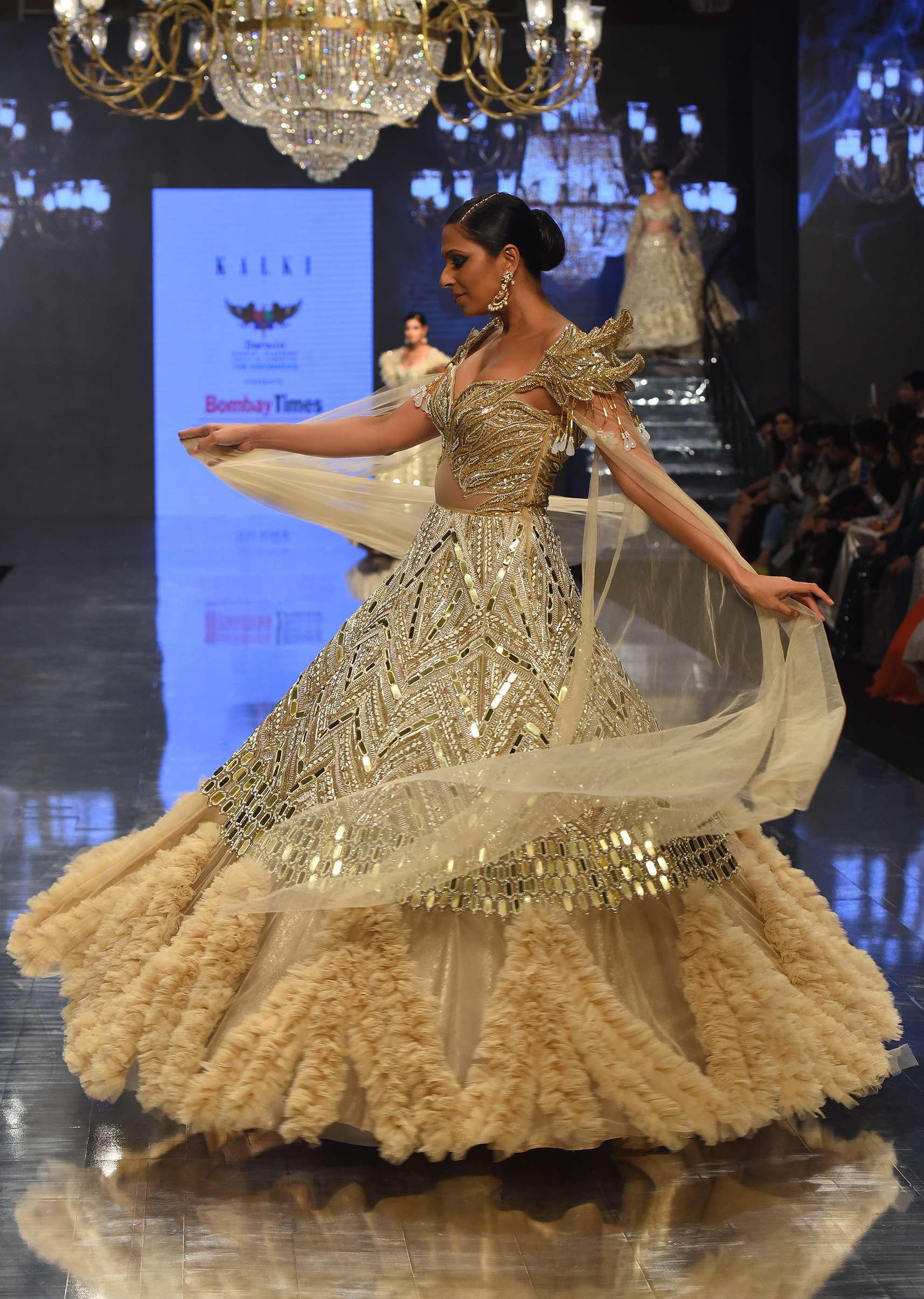 Champagne Gold Divine Gown In Net With Ruffle Frill Adornment - NOOR 2022 - Image 11