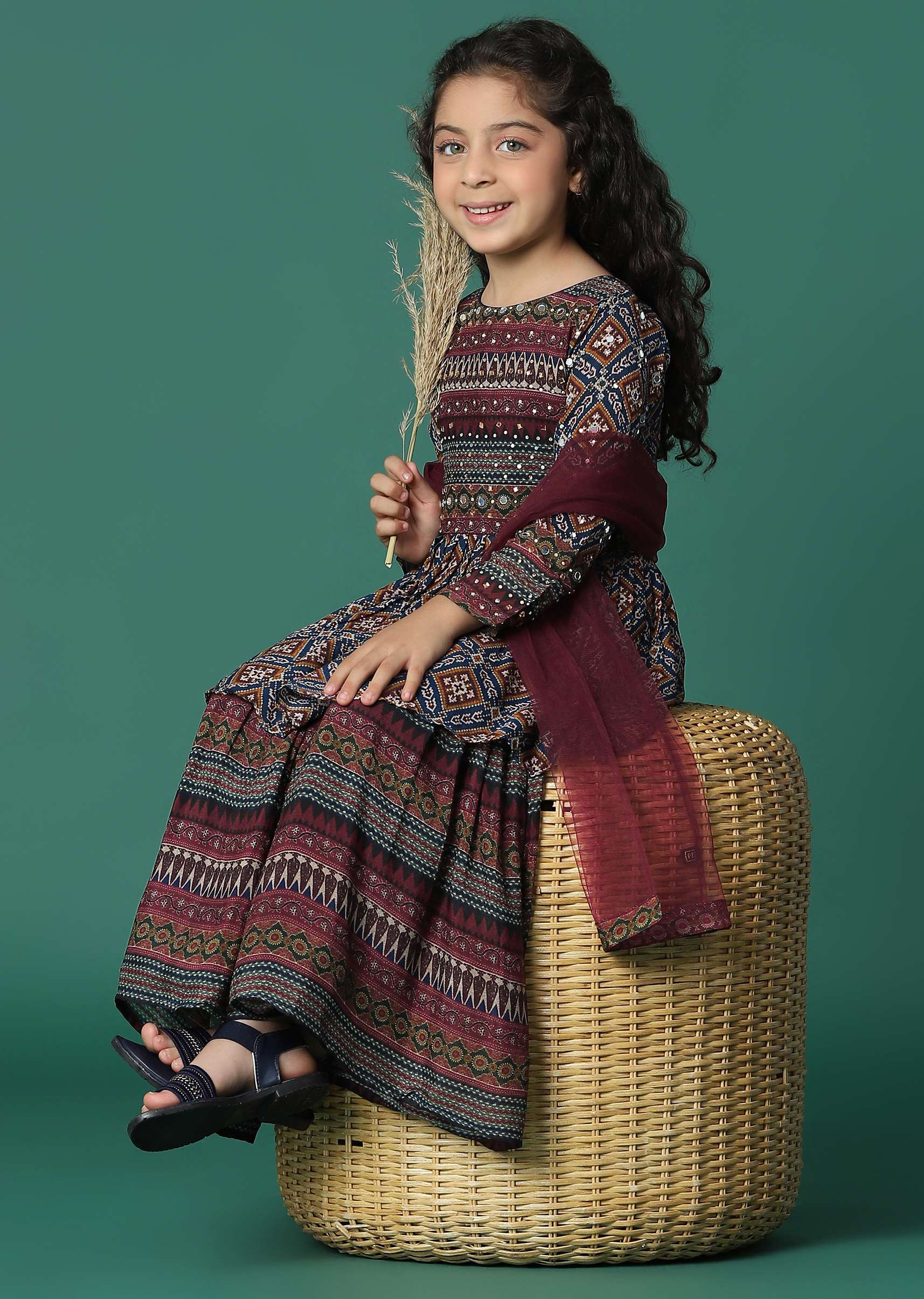 Kalki Chocolate Brown Kurta And Sharara Set In Satin Blend With Abla Work For Girls - Image 2