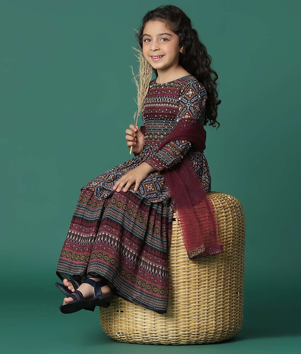 Kalki Chocolate Brown Kurta And Sharara Set In Satin Blend With Abla Work For Girls - Image 3