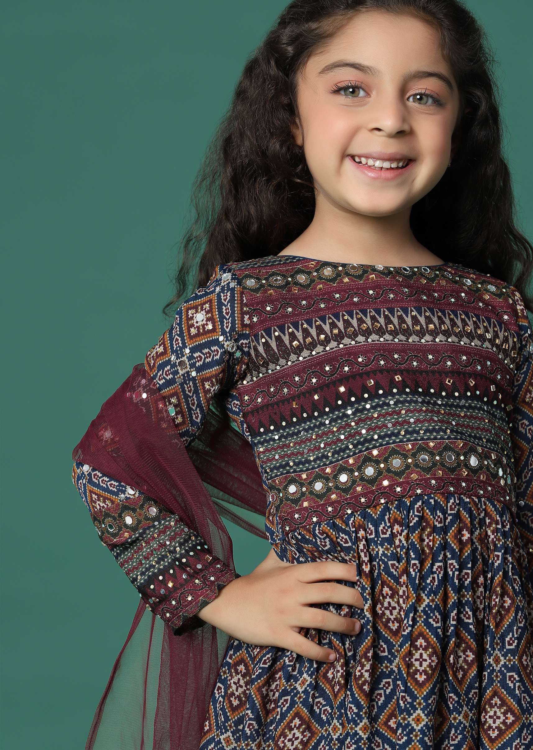 Kalki Chocolate Brown Kurta And Sharara Set In Satin Blend With Abla Work For Girls - Image 4