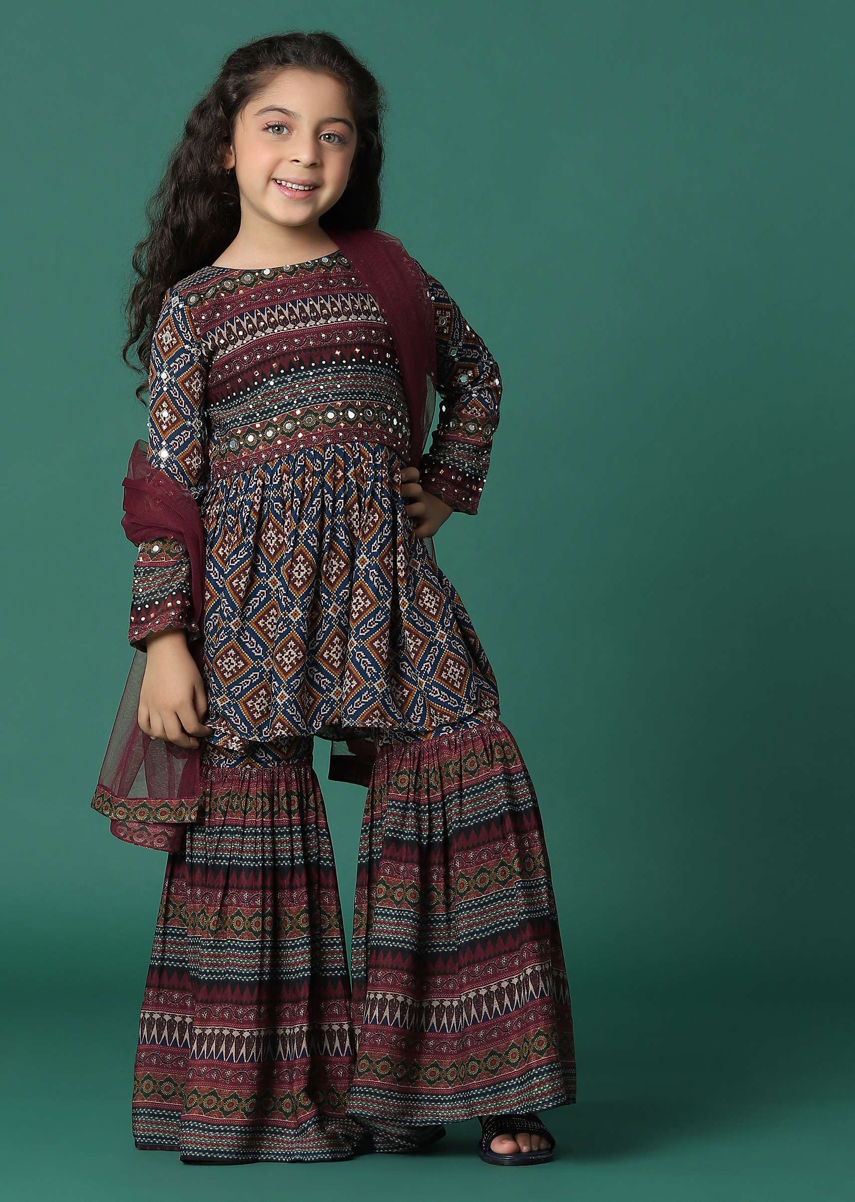 Kalki Chocolate Brown Kurta And Sharara Set In Satin Blend With Abla Work For Girls - Image 6