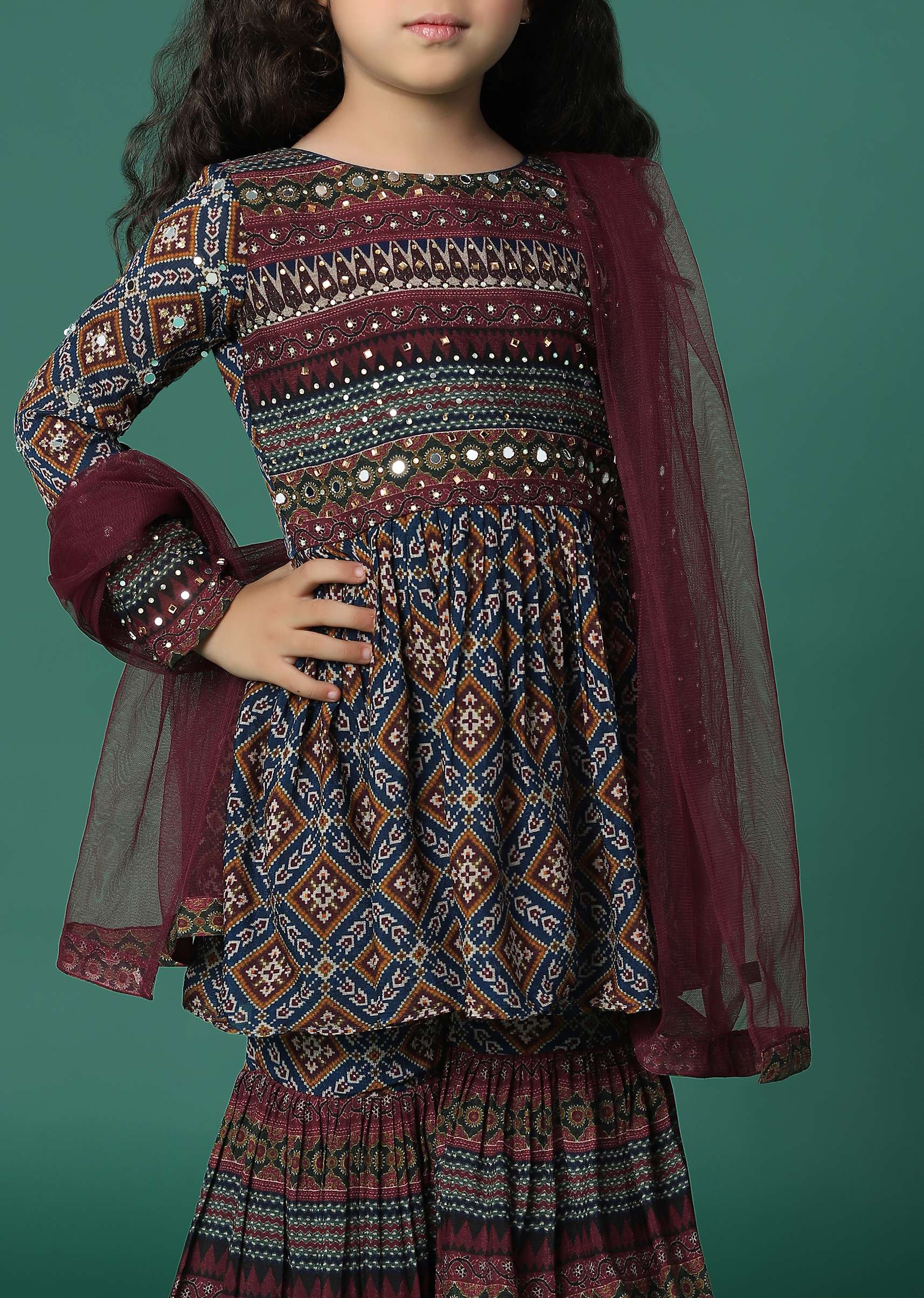 Kalki Chocolate Brown Kurta And Sharara Set In Satin Blend With Abla Work For Girls - Image 7