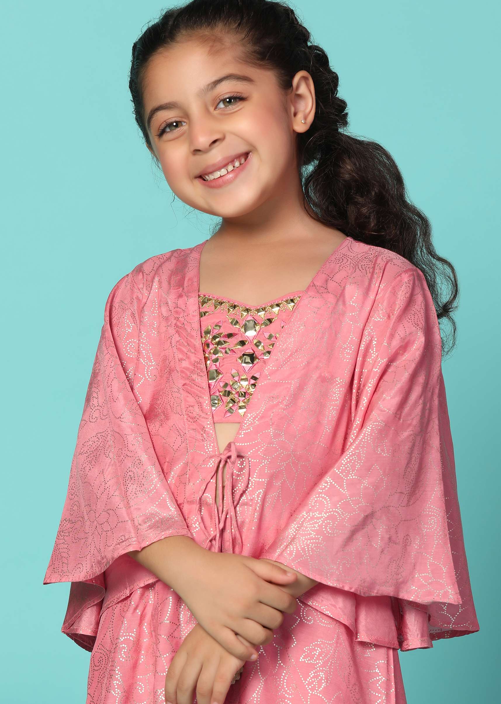 Kalki Coral Pink Embroidered Top And Lehenga Set With Jacket In Silk For Girls - Image 3