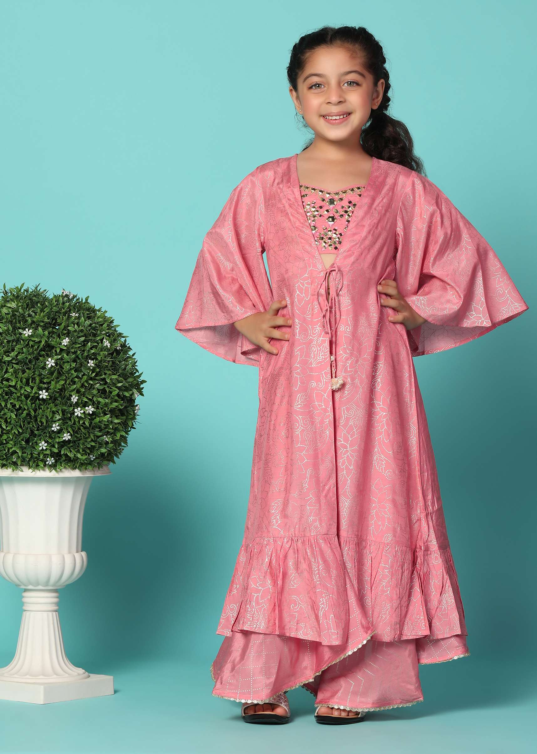 Kalki Coral Pink Embroidered Top And Lehenga Set With Jacket In Silk For Girls - Image 4