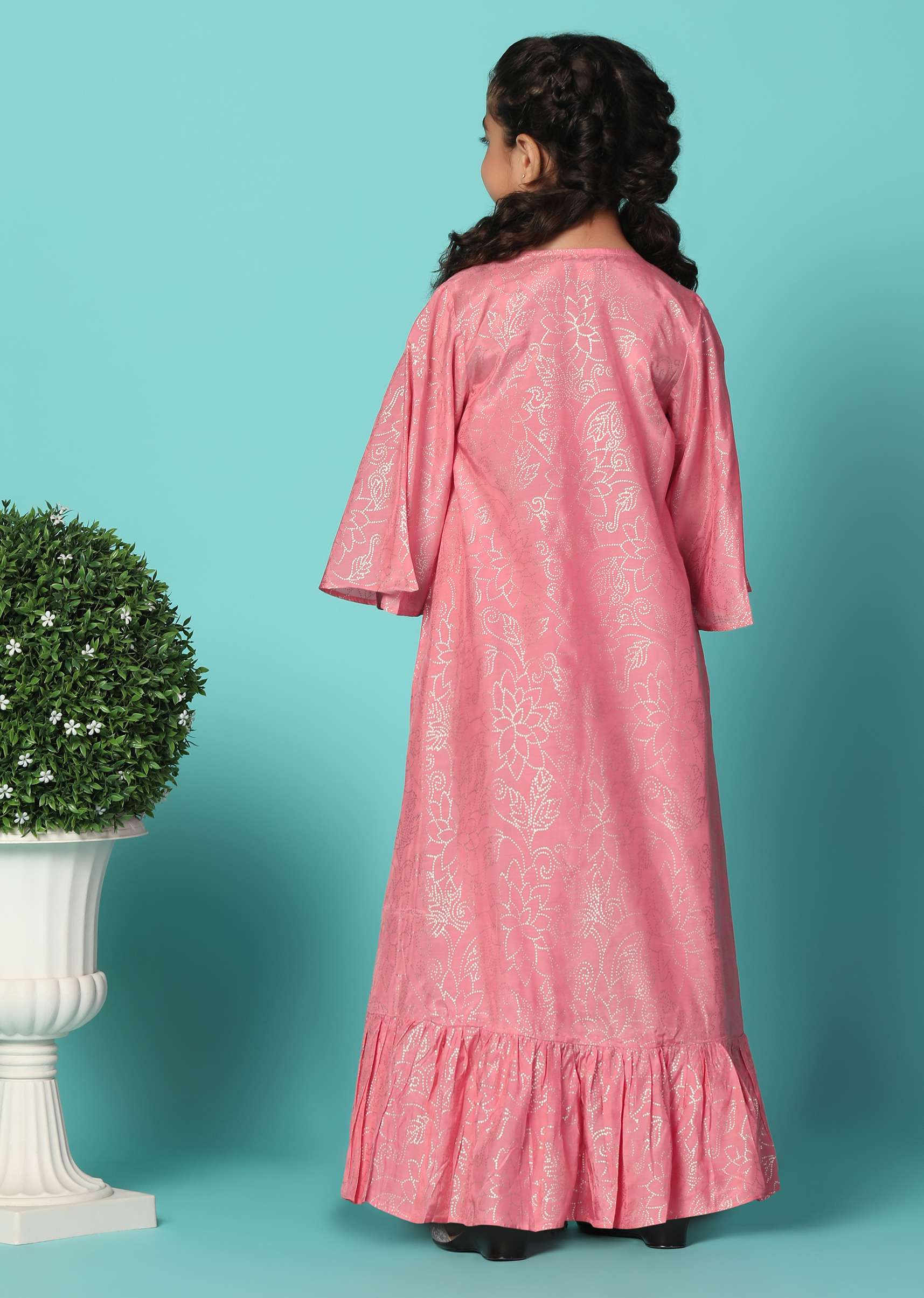 Kalki Coral Pink Embroidered Top And Lehenga Set With Jacket In Silk For Girls - Image 5