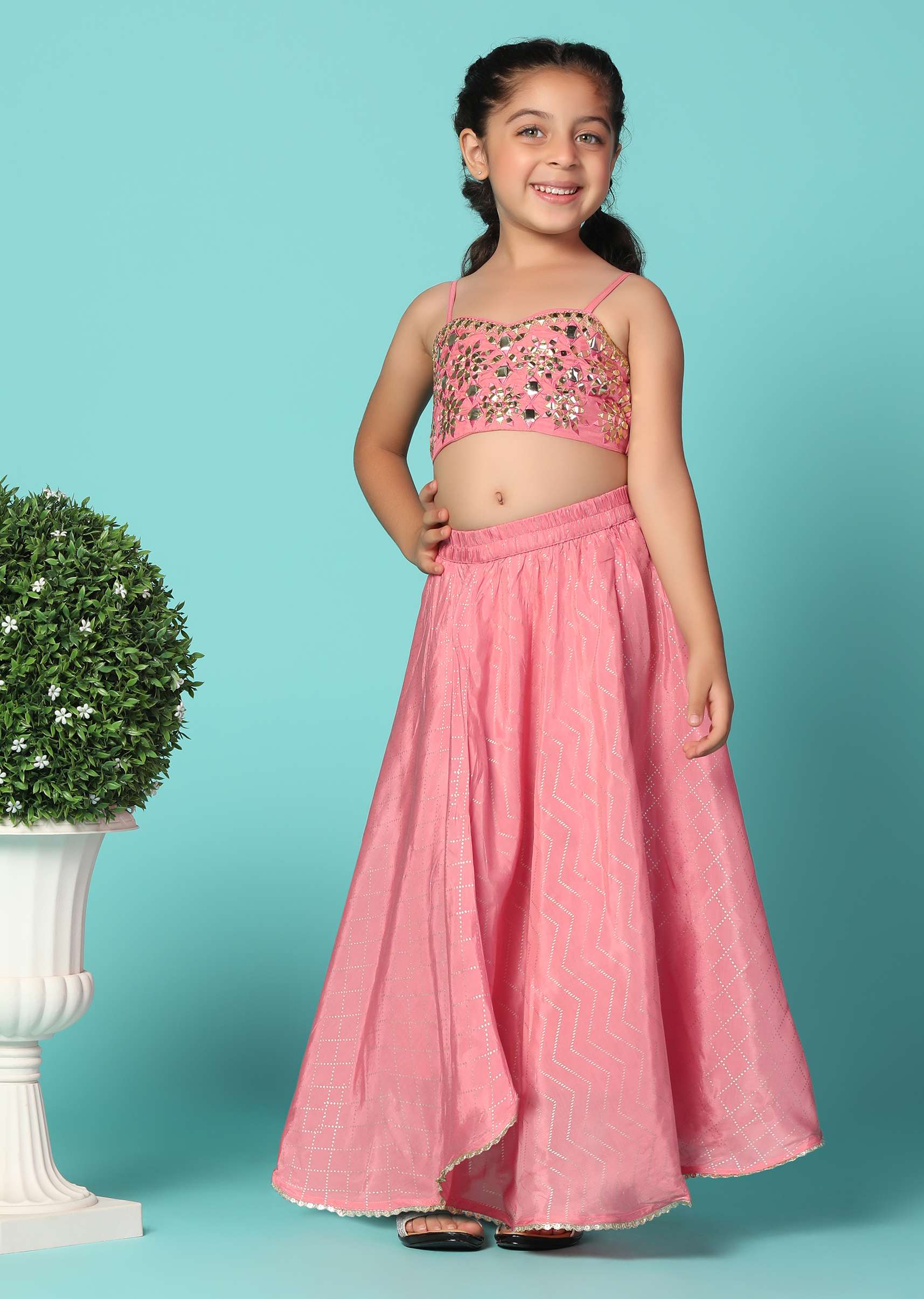 Kalki Coral Pink Embroidered Top And Lehenga Set With Jacket In Silk For Girls - Image 6