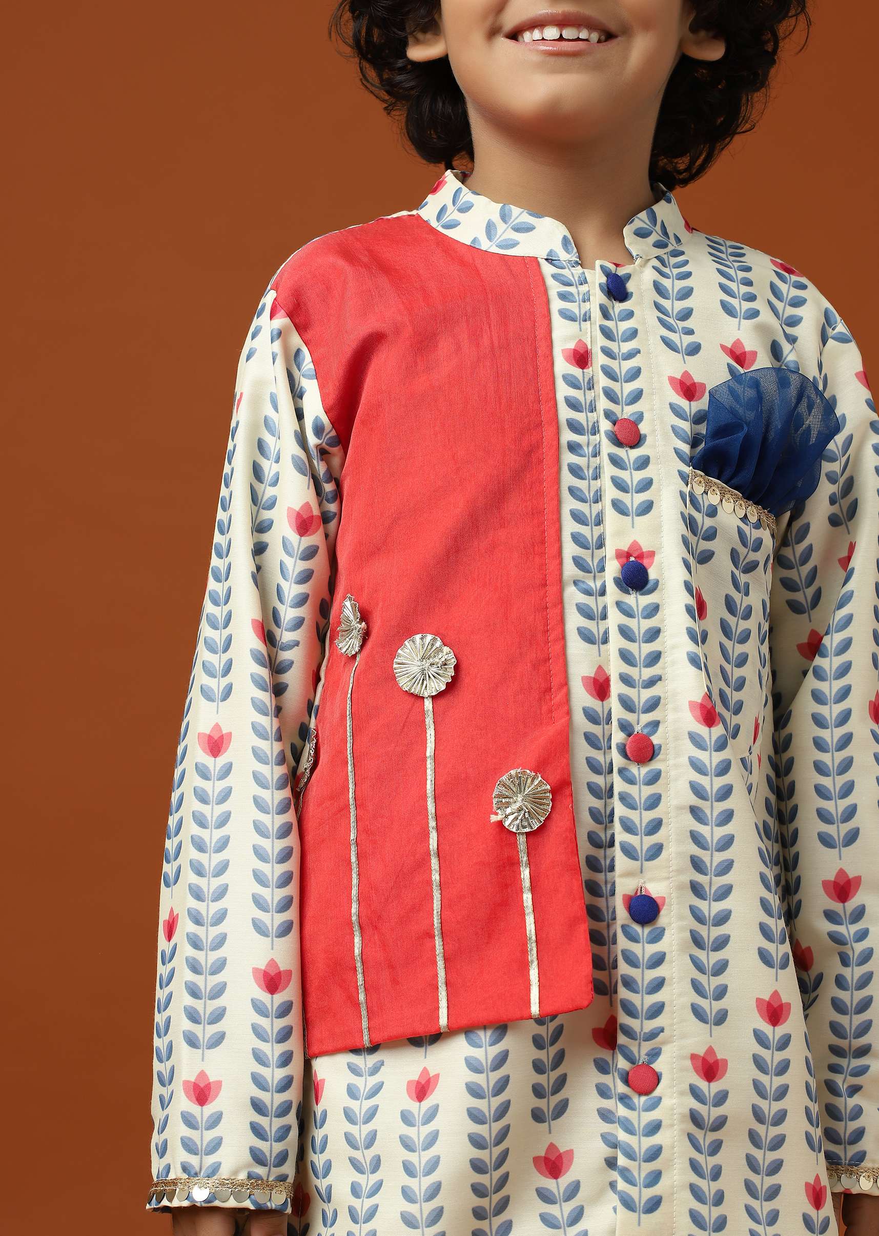 Kalki Coral White Printed Kurta Set In Cotton Silk For Boys - Image 4