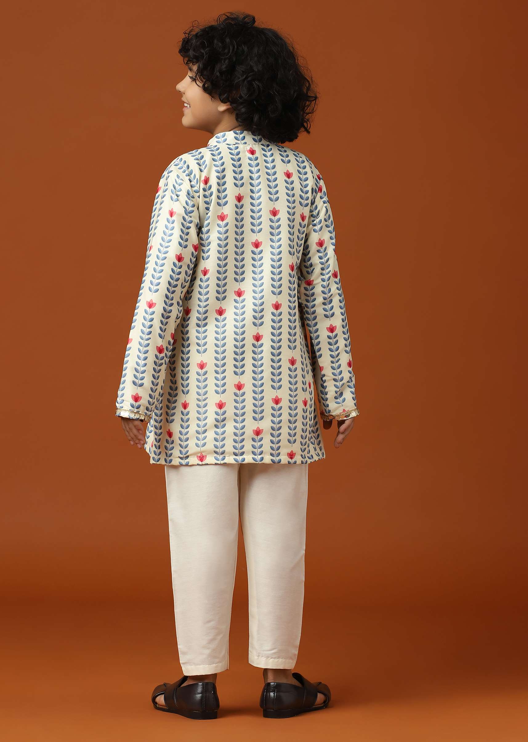 Kalki Coral White Printed Kurta Set In Cotton Silk For Boys - Image 6
