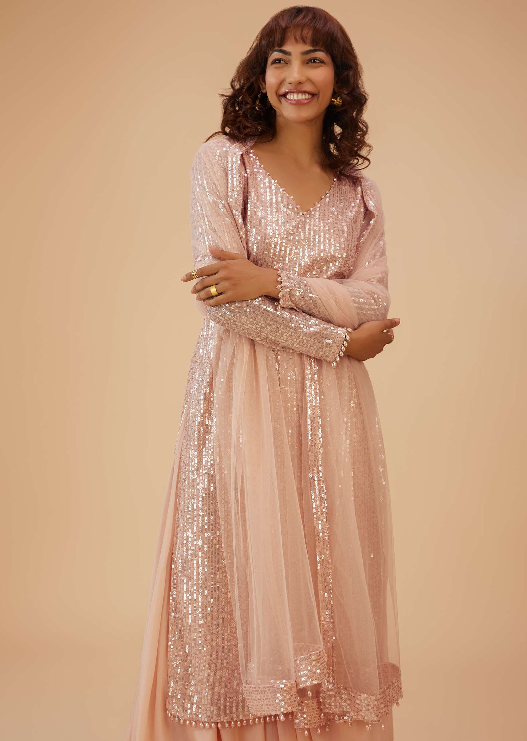 Salmon Pink Palazzo Suit In Sequins - Image 3