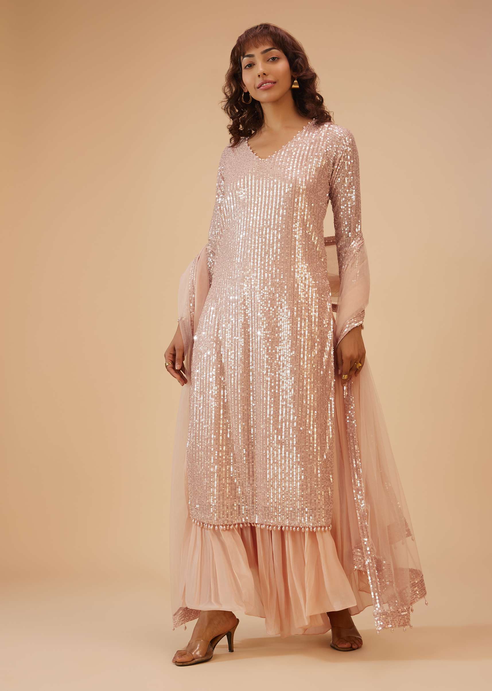 Salmon Pink Palazzo Suit In Sequins - Image 4