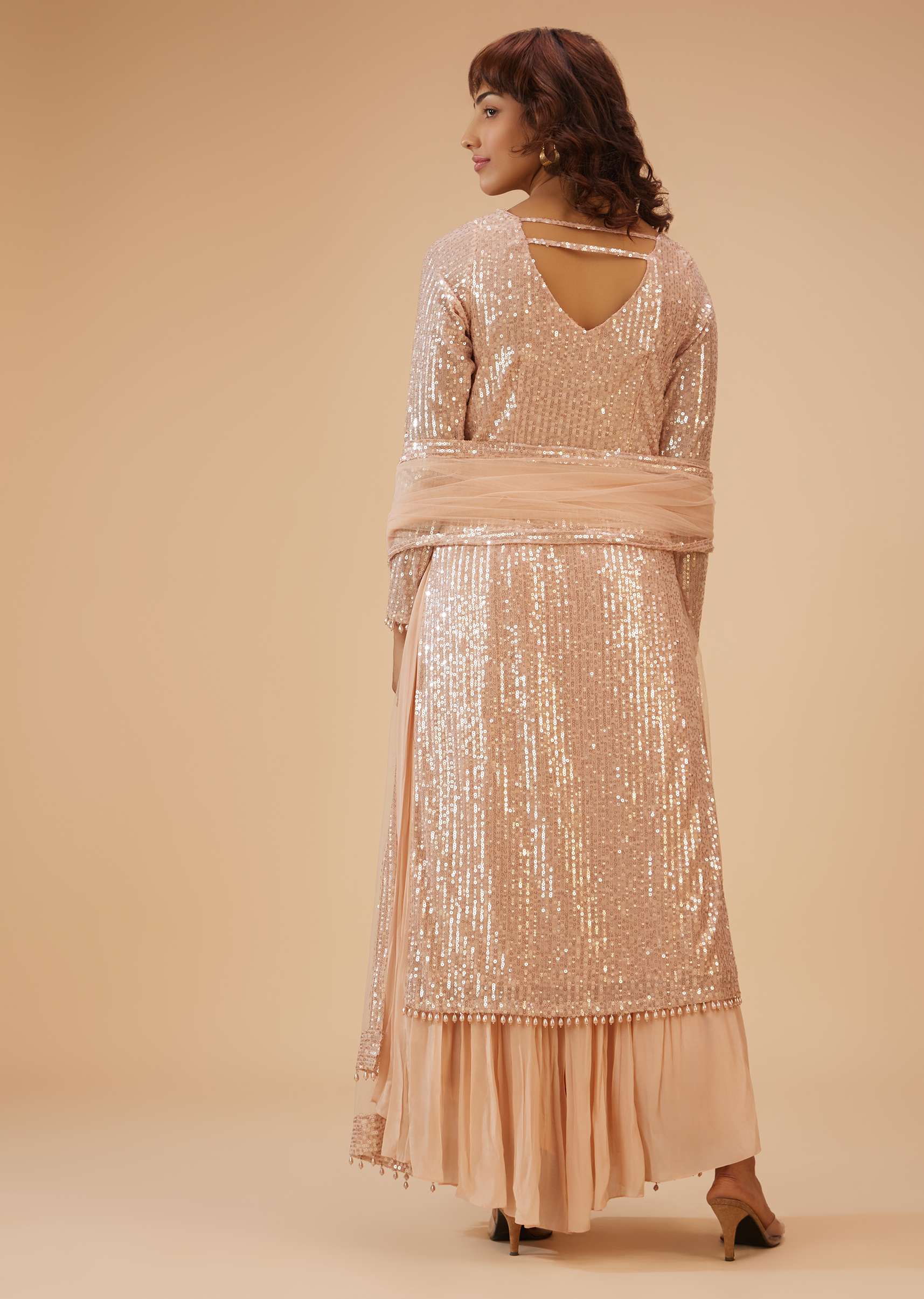 Salmon Pink Palazzo Suit In Sequins - Image 5