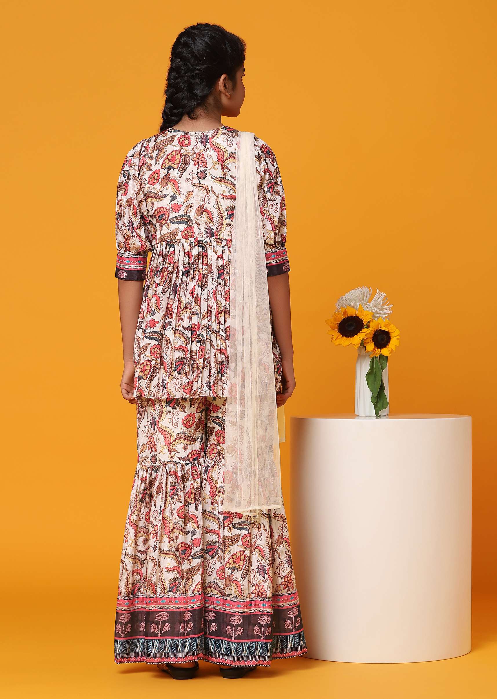 Kalki Cream White Printed Kurti And Palazzo Set In Georgette For Girls - Image 5