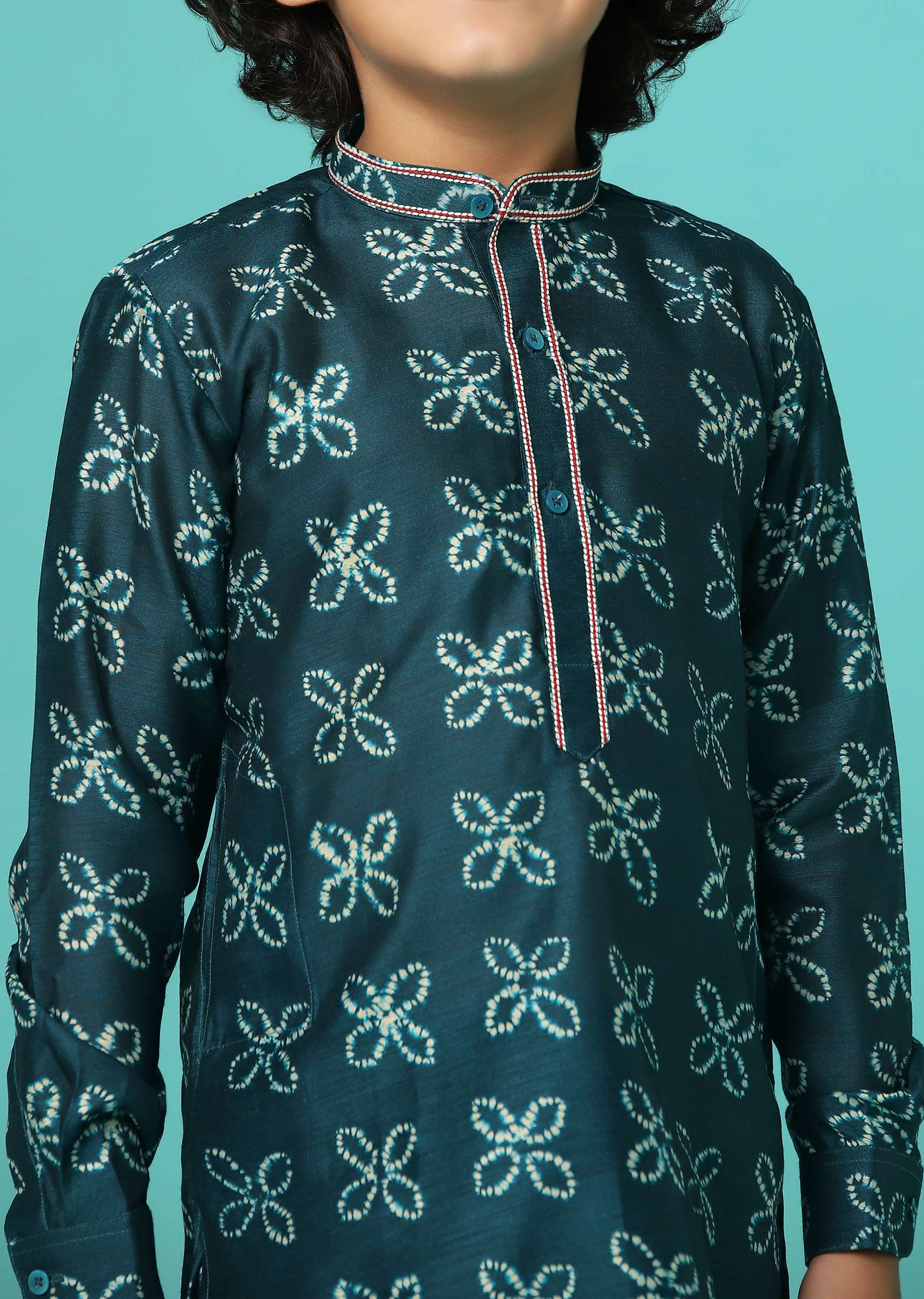 Kalki Deep Green Printed Kurta Set In Tussar Silk For Boys - Image 2
