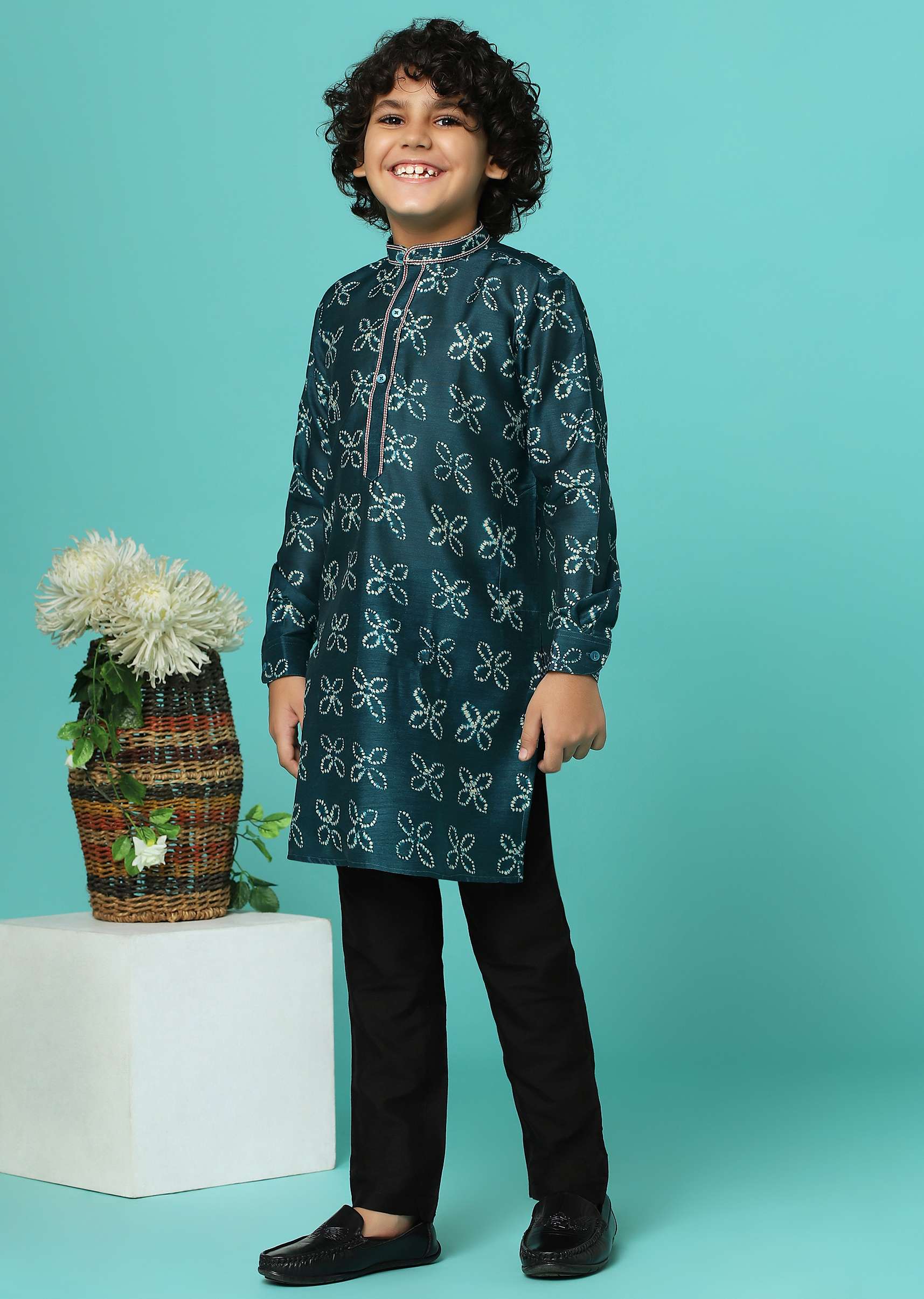Kalki Deep Green Printed Kurta Set In Tussar Silk For Boys - Image 3