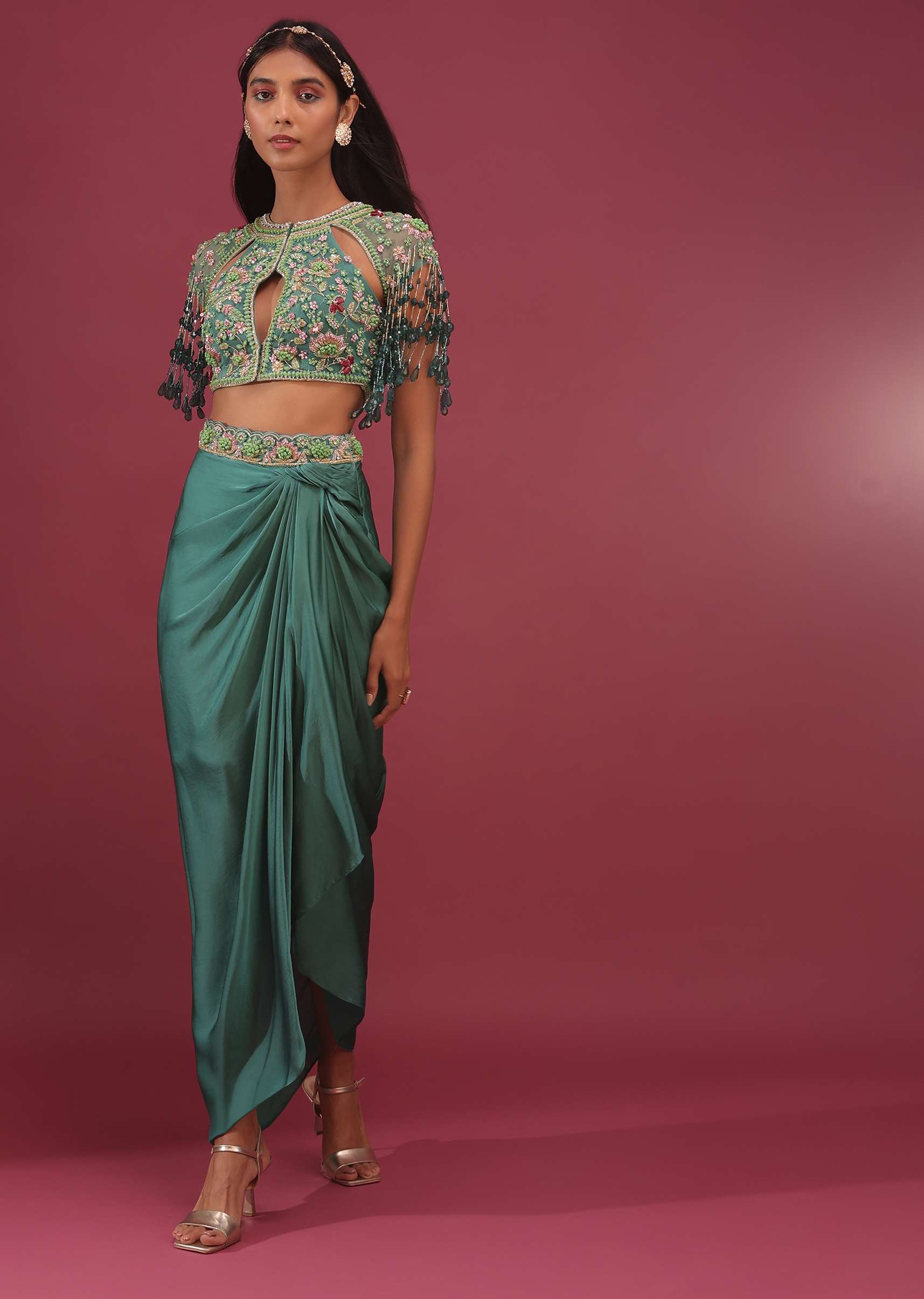 Sea Green Dhoti Crop Top Set In Satin Organza With Embroidery - NOOR 2022 - Image 5