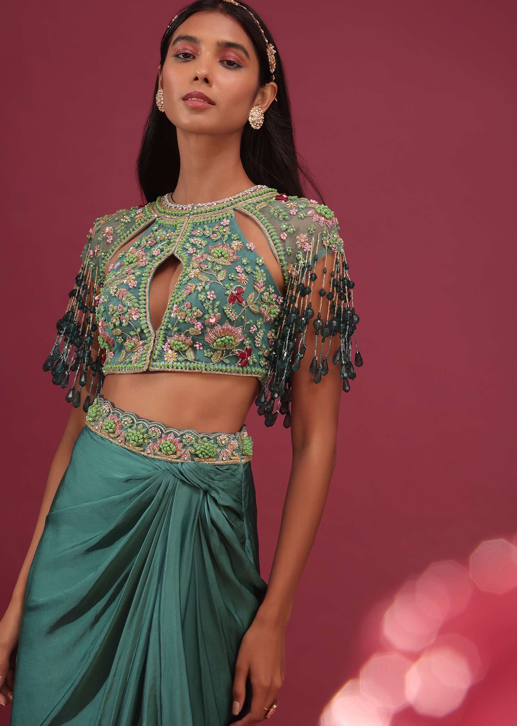 Sea Green Dhoti Crop Top Set In Satin Organza With Embroidery - NOOR 2022 - Image 2