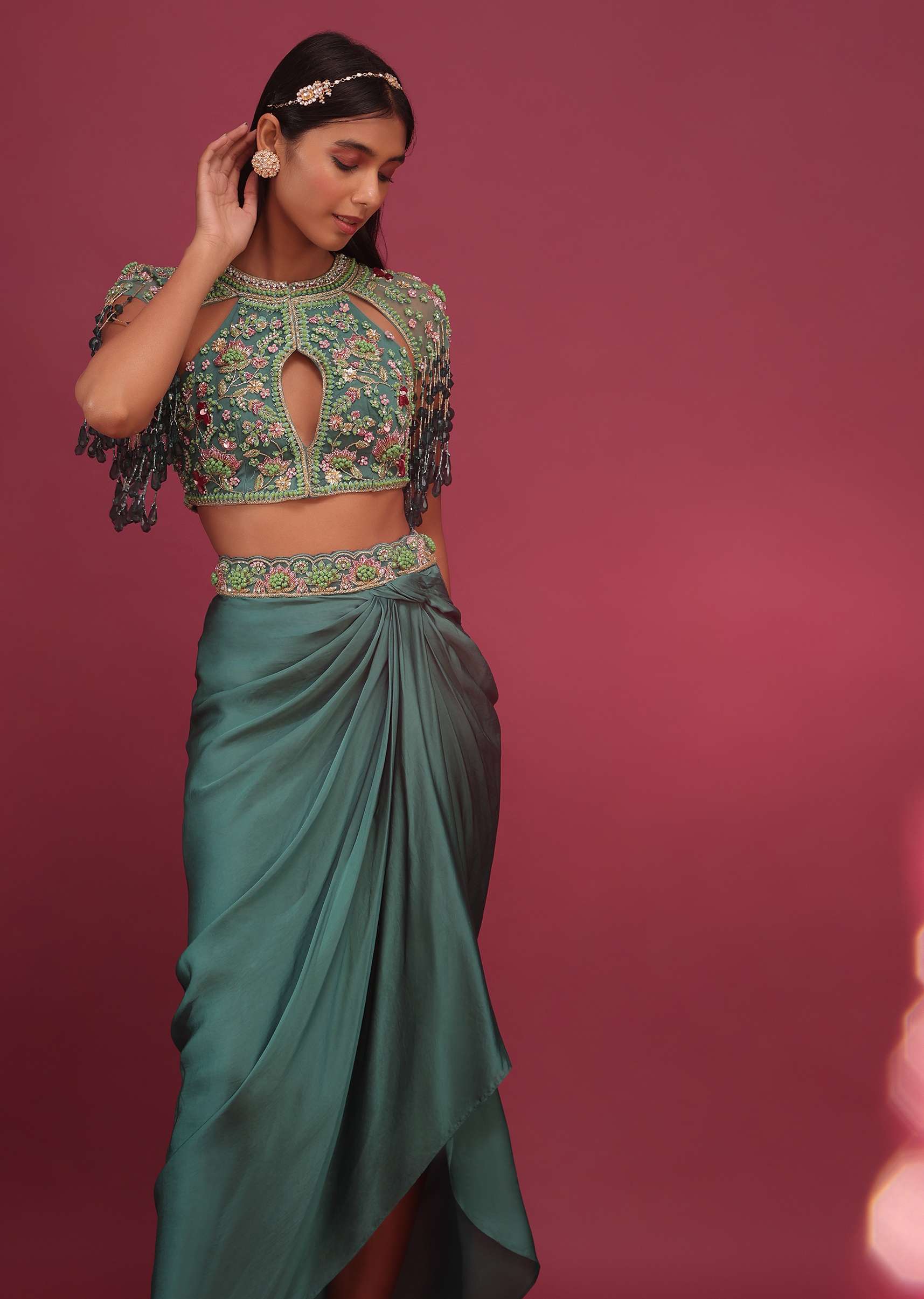Sea Green Dhoti Crop Top Set In Satin Organza With Embroidery - NOOR 2022 - Image 4