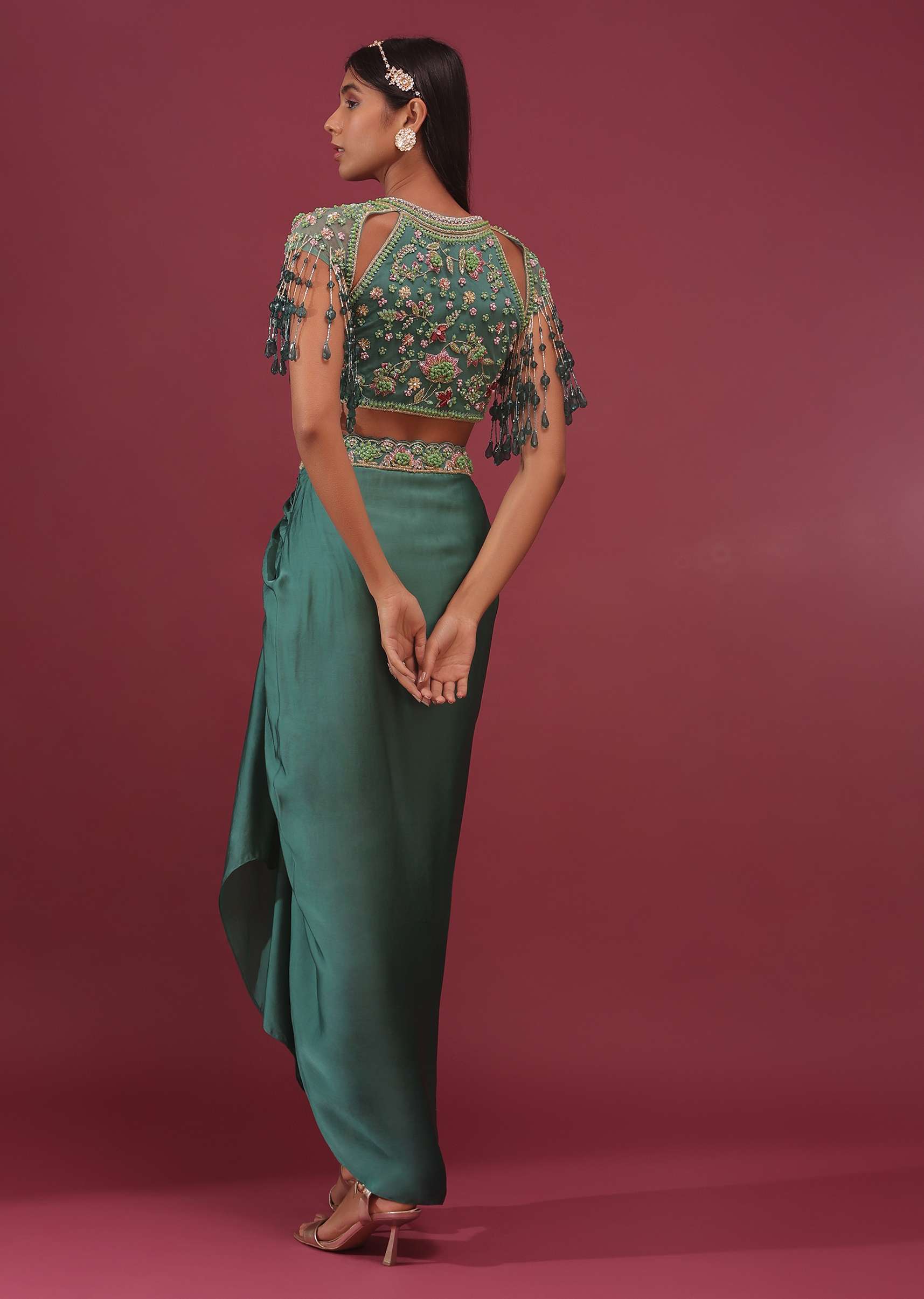 Sea Green Dhoti Crop Top Set In Satin Organza With Embroidery - NOOR 2022 - Image 5
