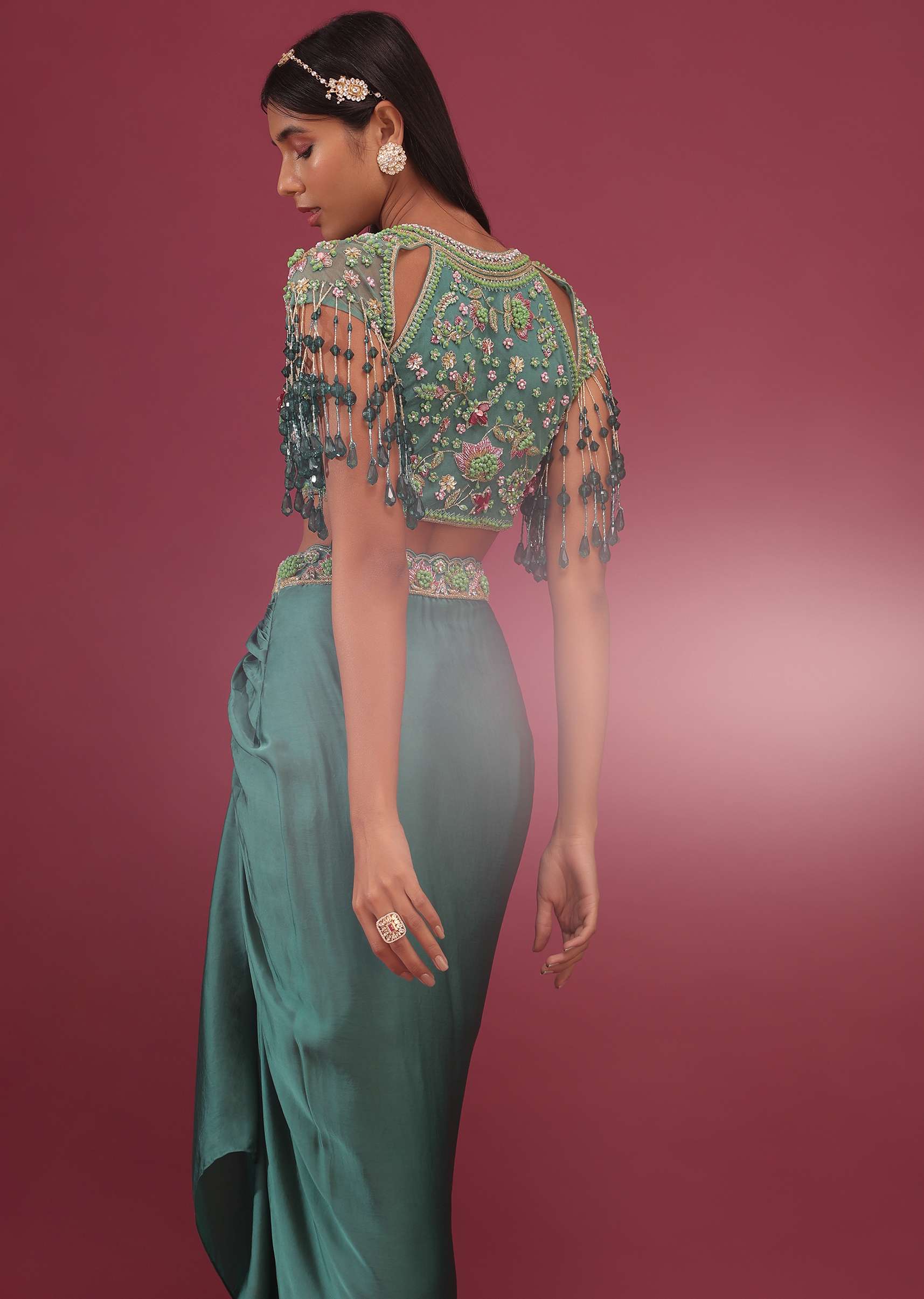 Sea Green Dhoti Crop Top Set In Satin Organza With Embroidery - NOOR 2022 - Image 6