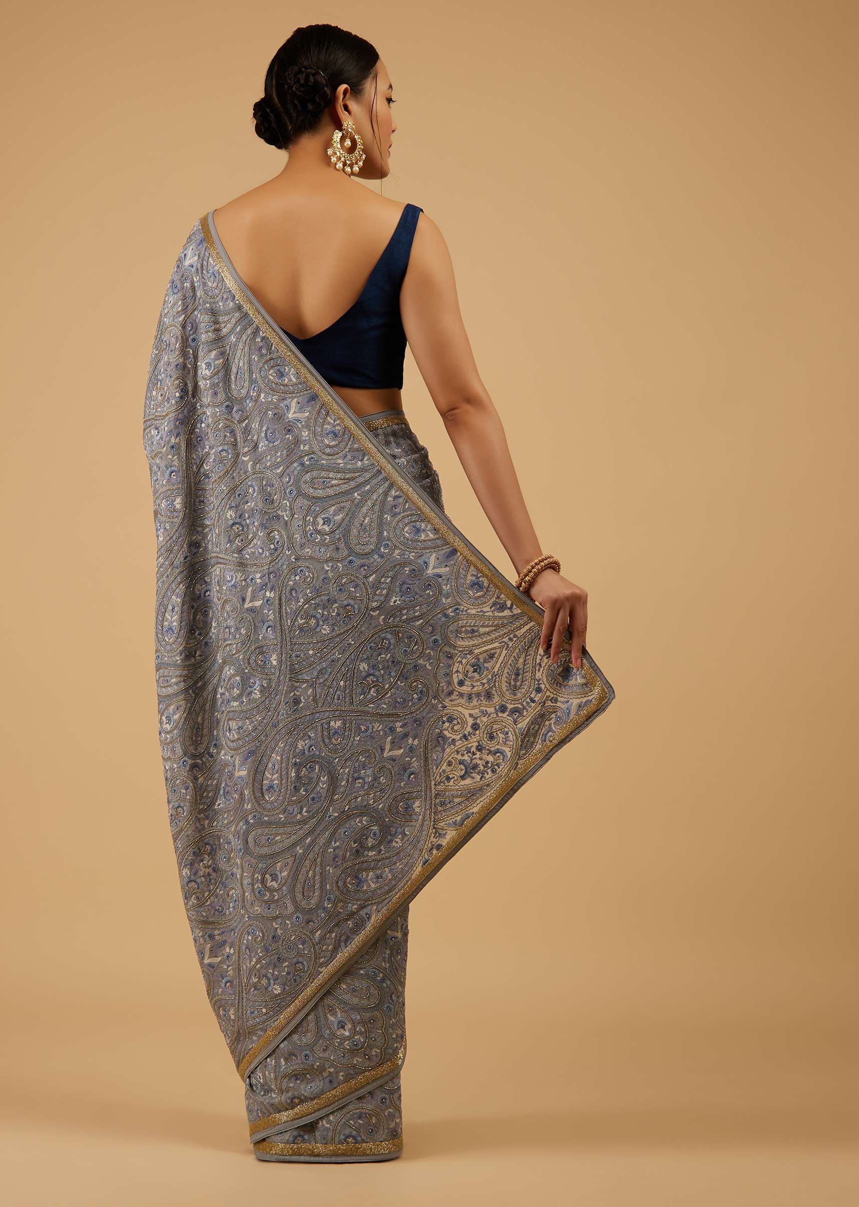 Powder Blue Festive Saree Kashmiri Embroidered In Georgette - Image 4