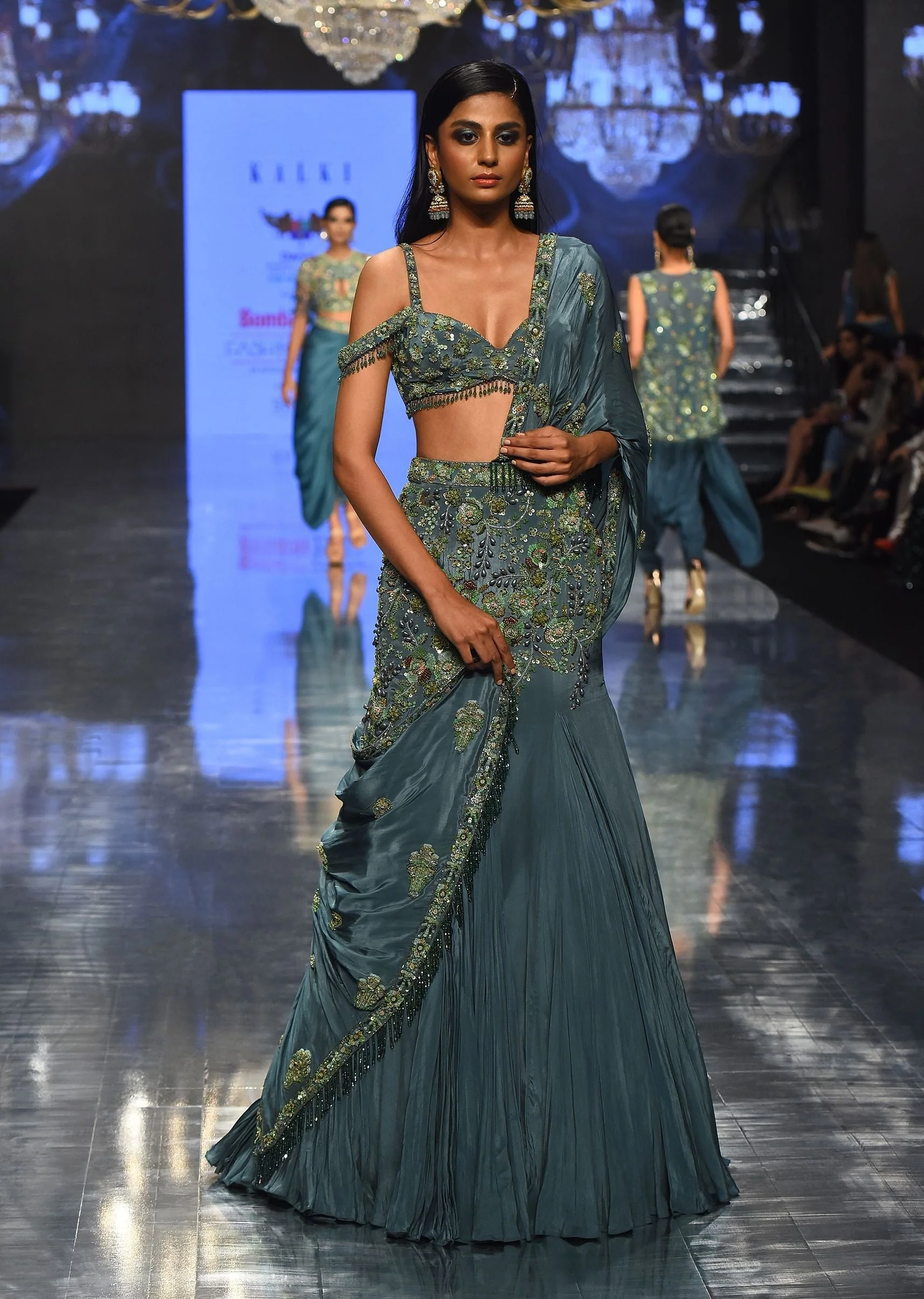 Mint Blue Pure Crepe Pleated Lehenga Set With Attached Dupatta - NOOR 2022