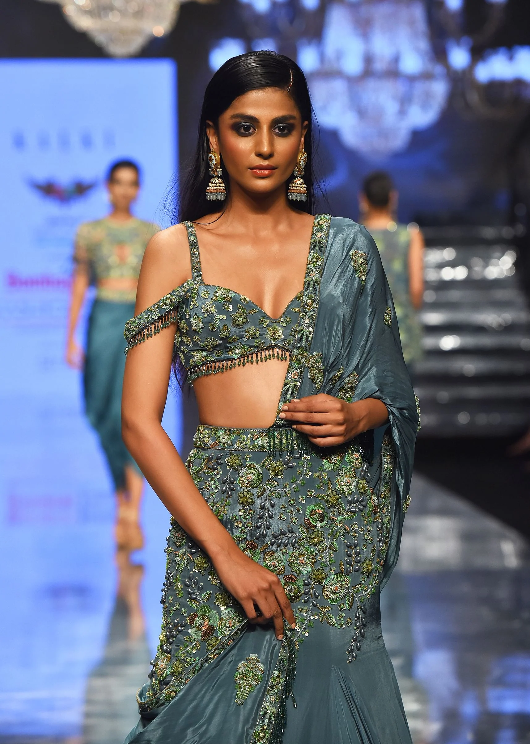 Mint Blue Pure Crepe Pleated Lehenga Set With Attached Dupatta - NOOR 2022 - Image 2