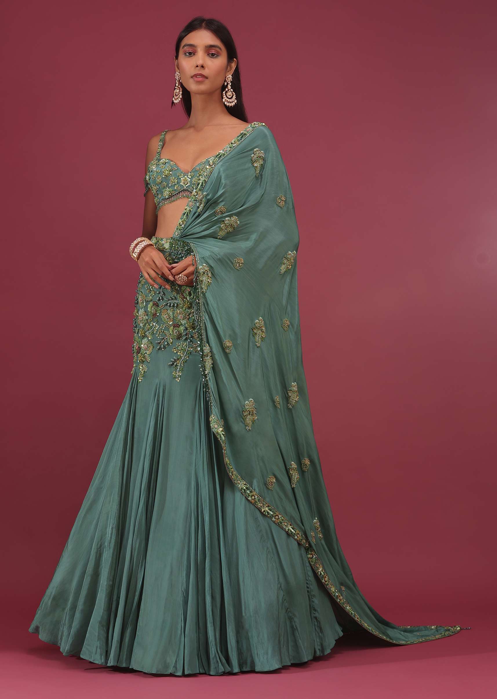 Mint Blue Pure Crepe Pleated Lehenga Set With Attached Dupatta - NOOR 2022 - Image 3
