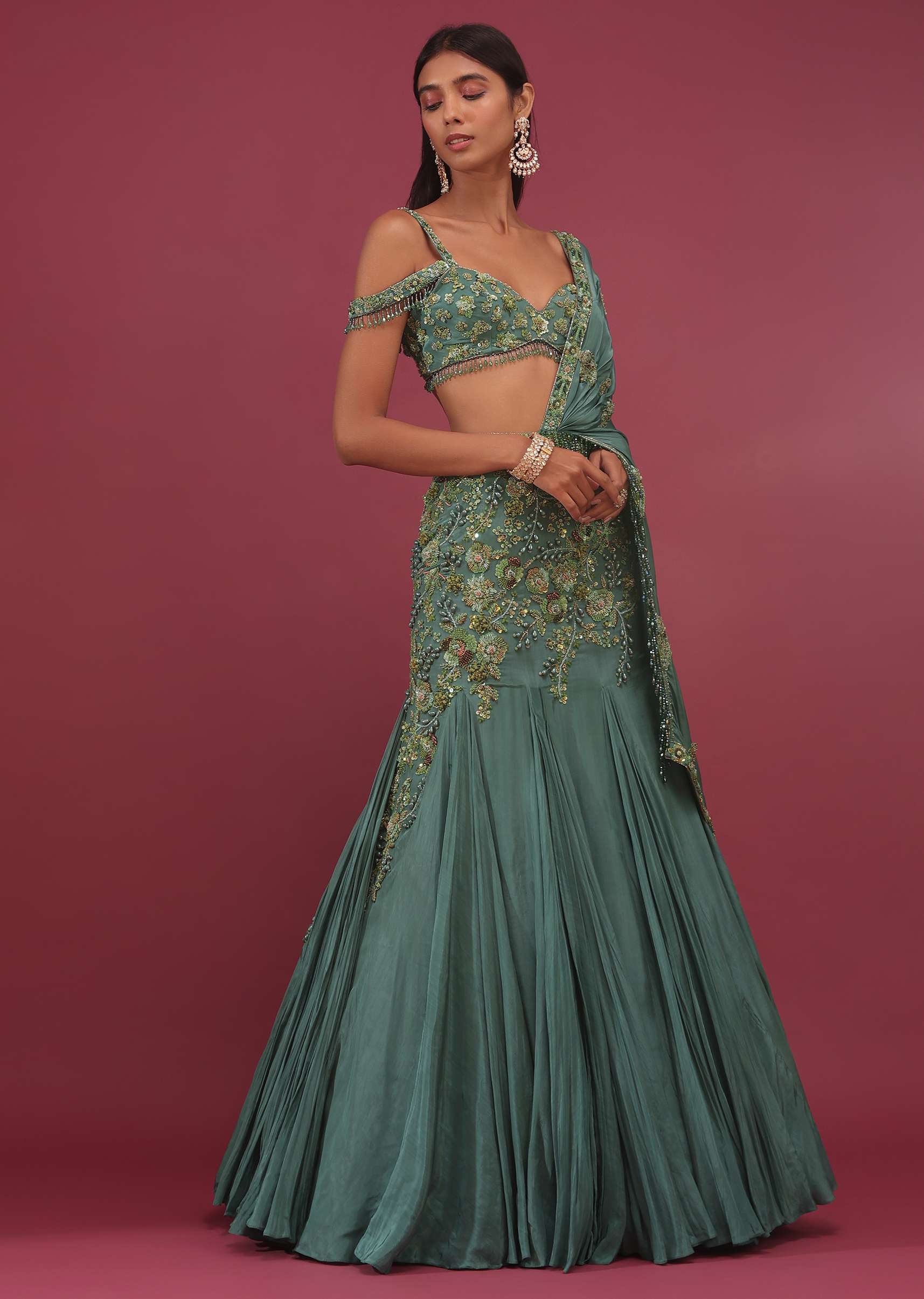 Mint Blue Pure Crepe Pleated Lehenga Set With Attached Dupatta - NOOR 2022 - Image 4