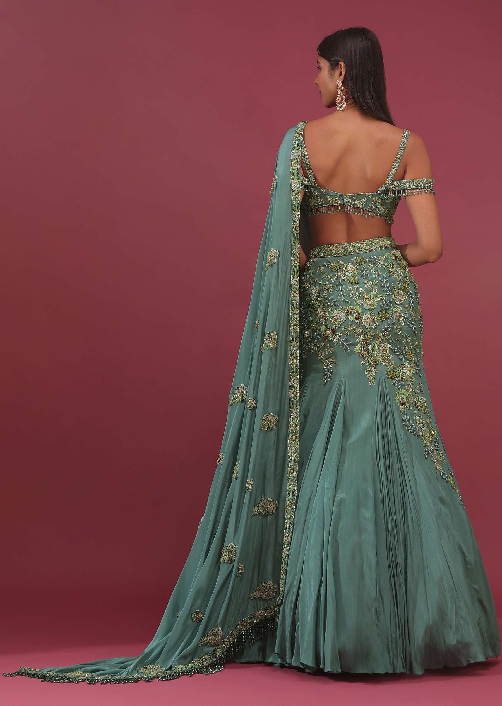 Mint Blue Pure Crepe Pleated Lehenga Set With Attached Dupatta - NOOR 2022 - Image 7